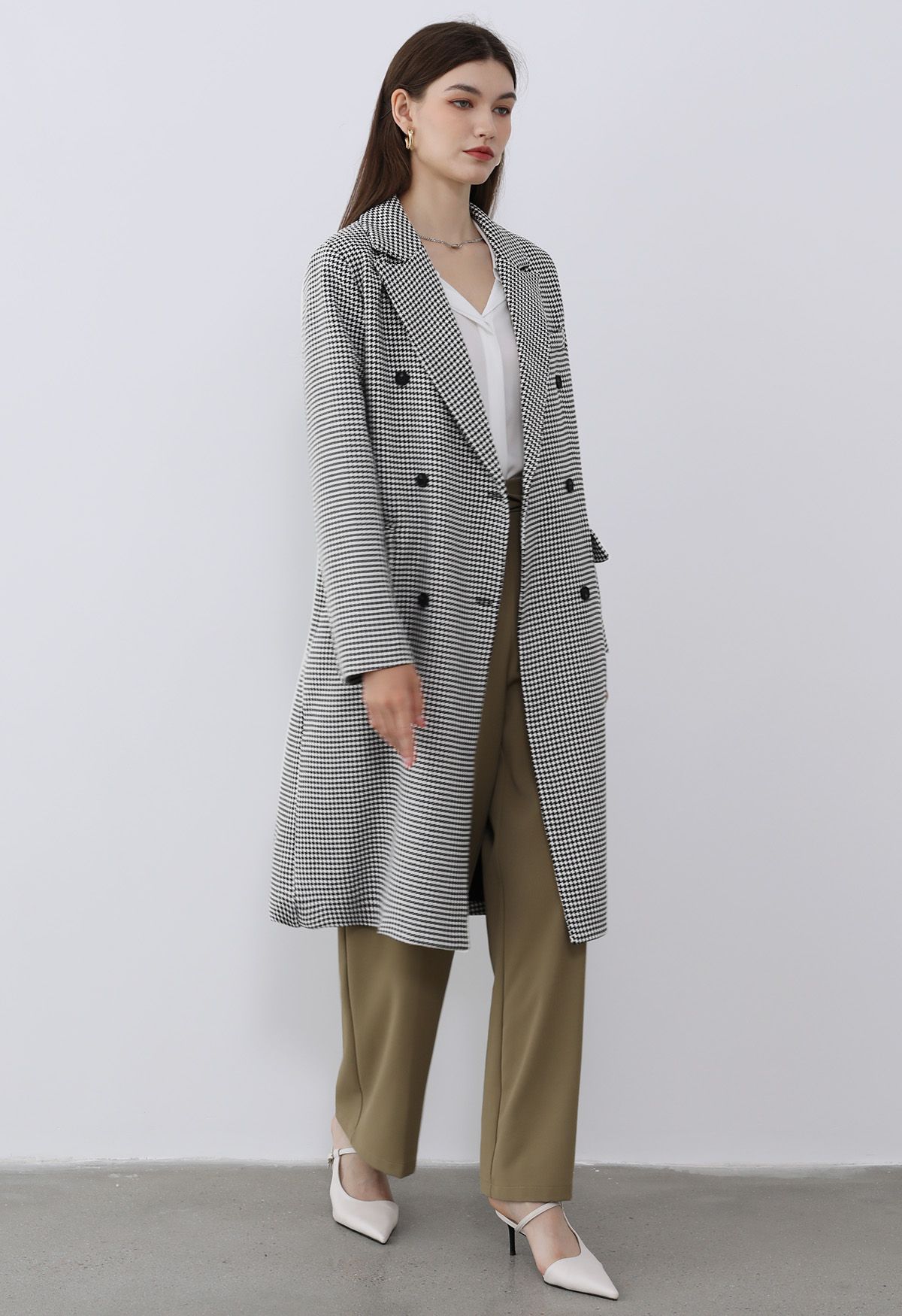 Houndstooth Lapel Collar Double-Breasted Longline Coat