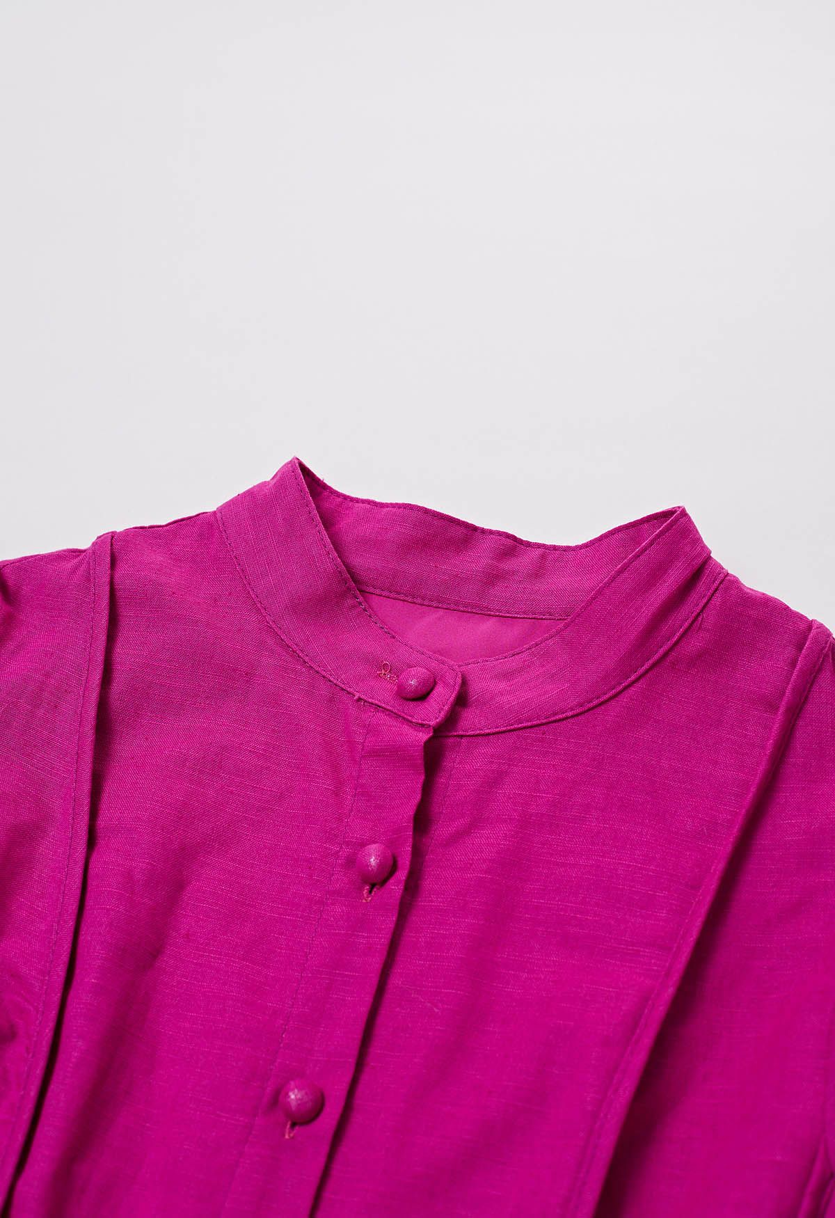 Lantern Sleeve Button Down Linen-Blend Midi Dress in Magenta