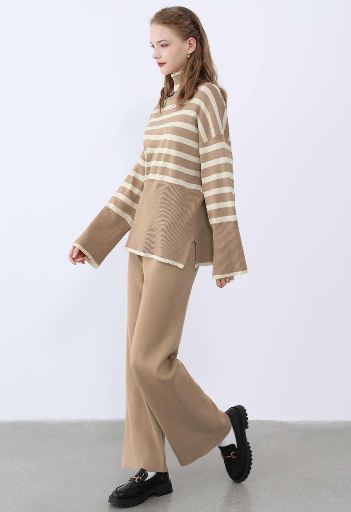 Stripe Turtleneck Knit Sweater and Pants Set in Light Tan