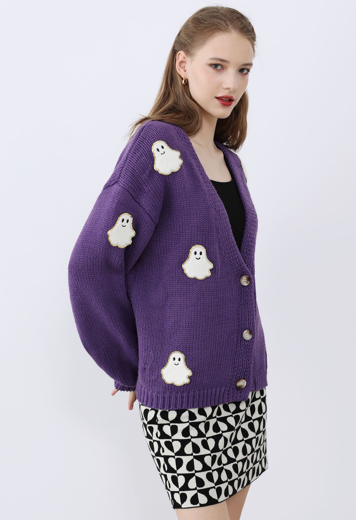 Halloween Ghost Patch Buttoned Knit Cardigan in Purple