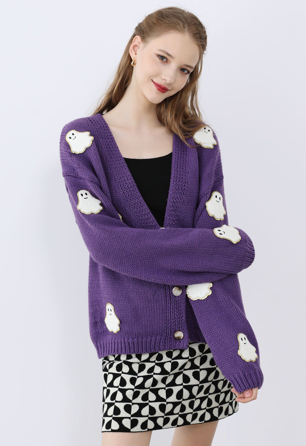 Halloween Ghost Patch Buttoned Knit Cardigan in Purple