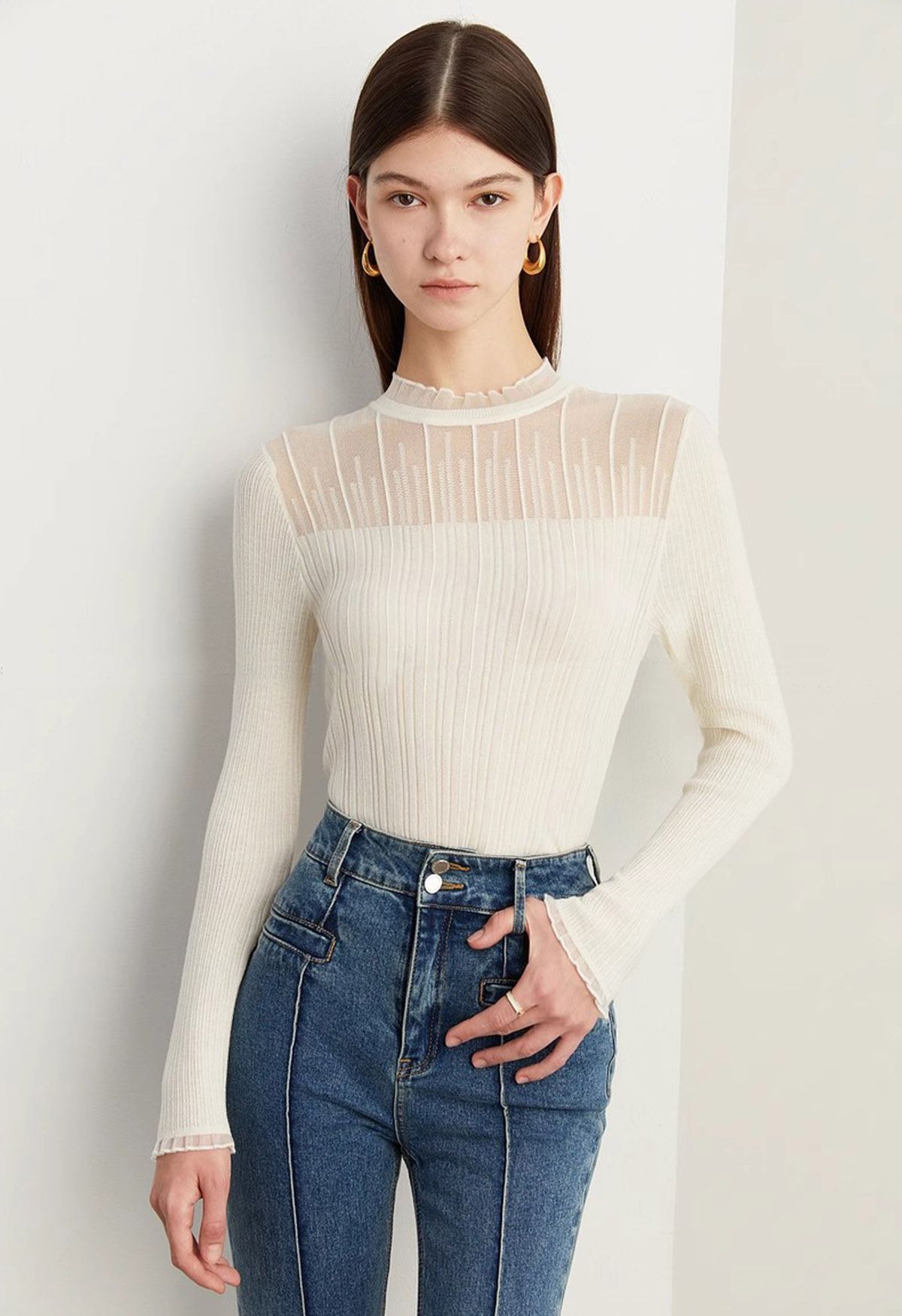 Ruffled Mock Neck Mesh Spliced Long Sleeve Knit Top in Ivory