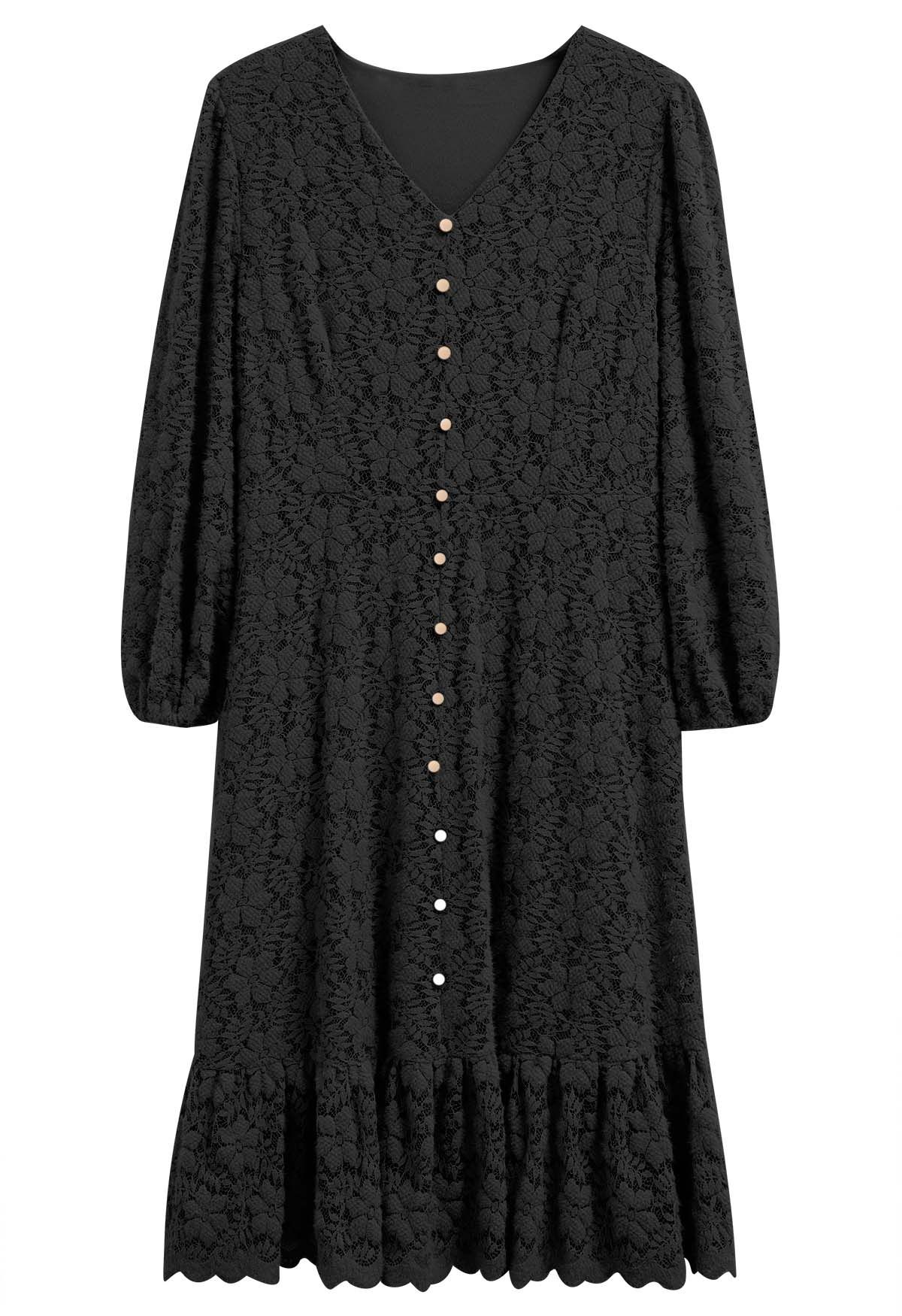 Button Down Full Floral Lace Frilling Dress in Black