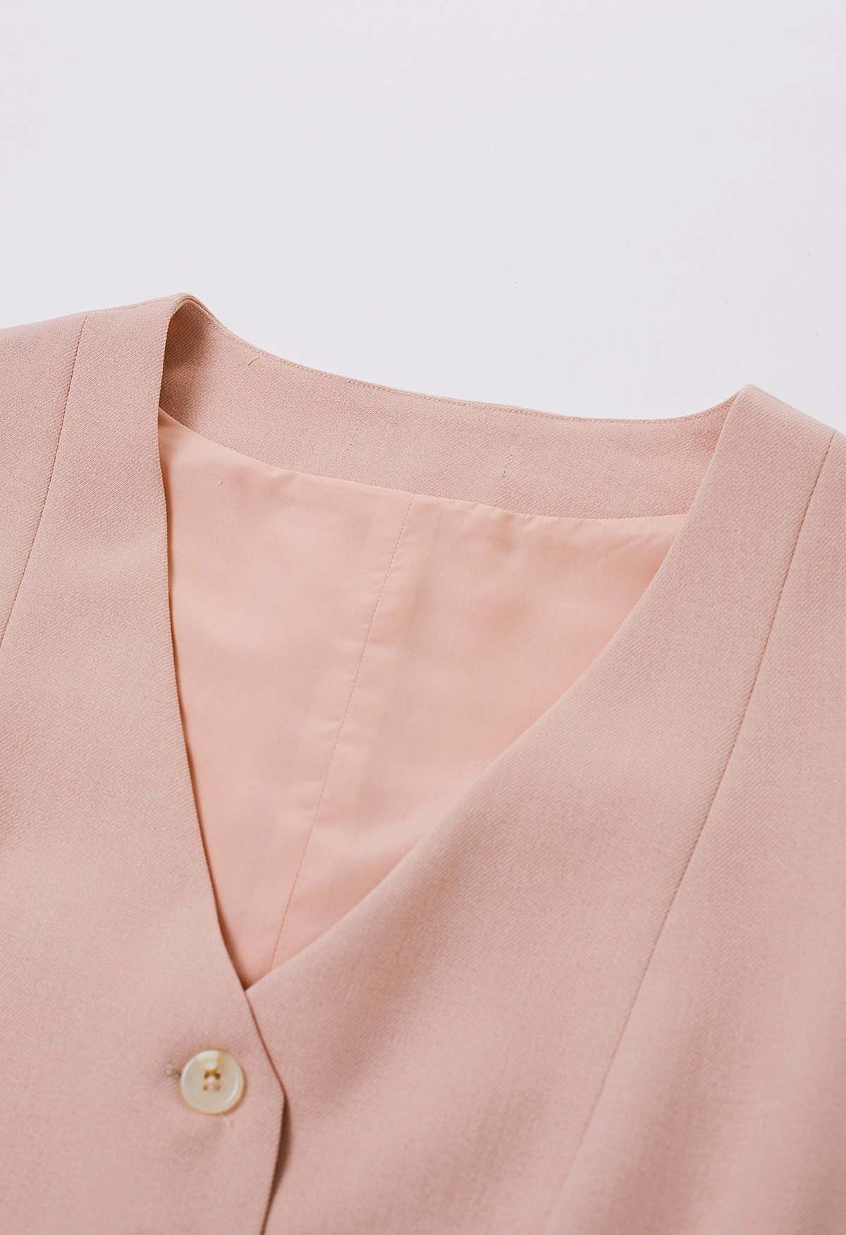 V-Neck Welt Pocket Buttoned Vest Blazer in Pink