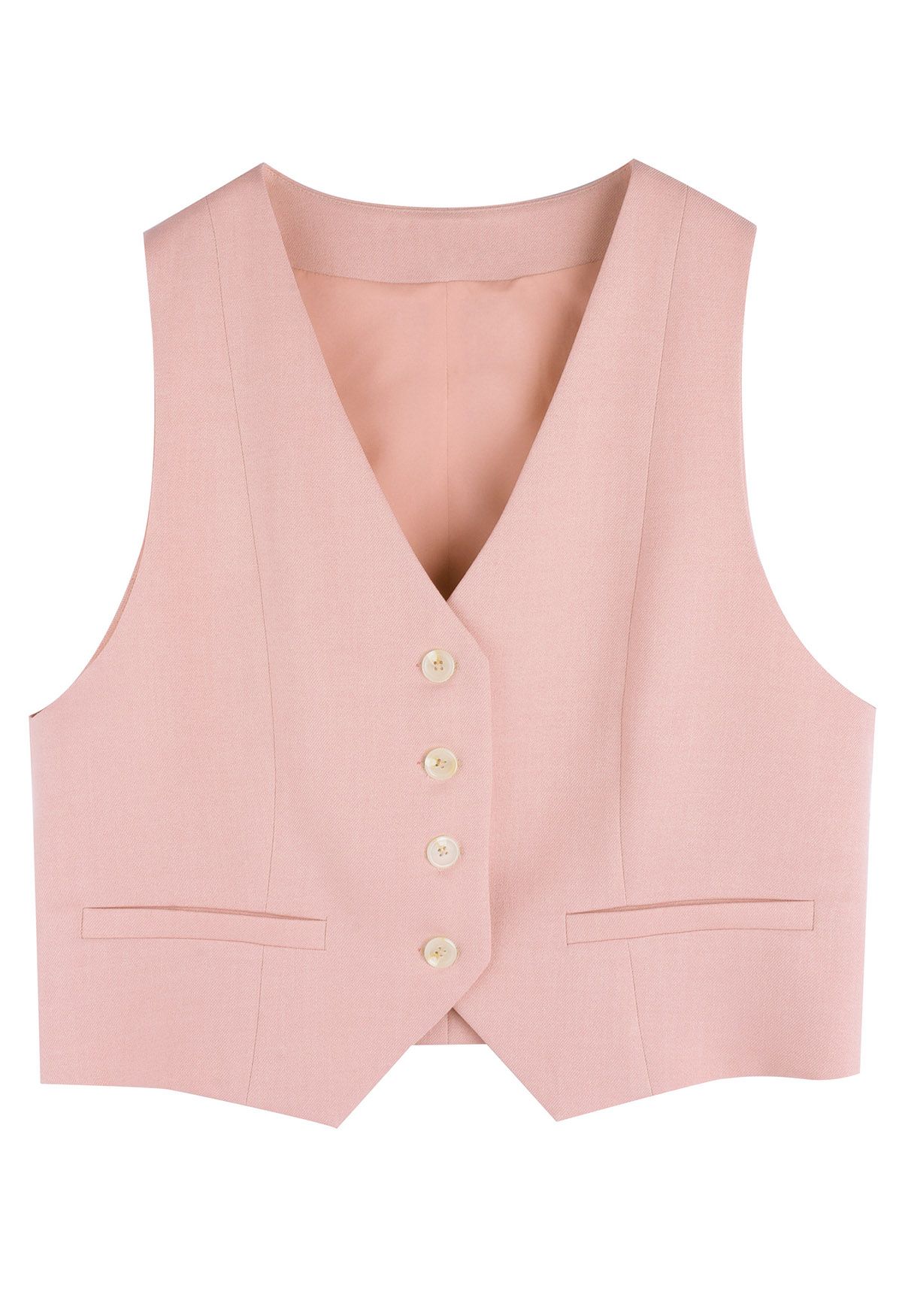 V-Neck Welt Pocket Buttoned Vest Blazer in Pink