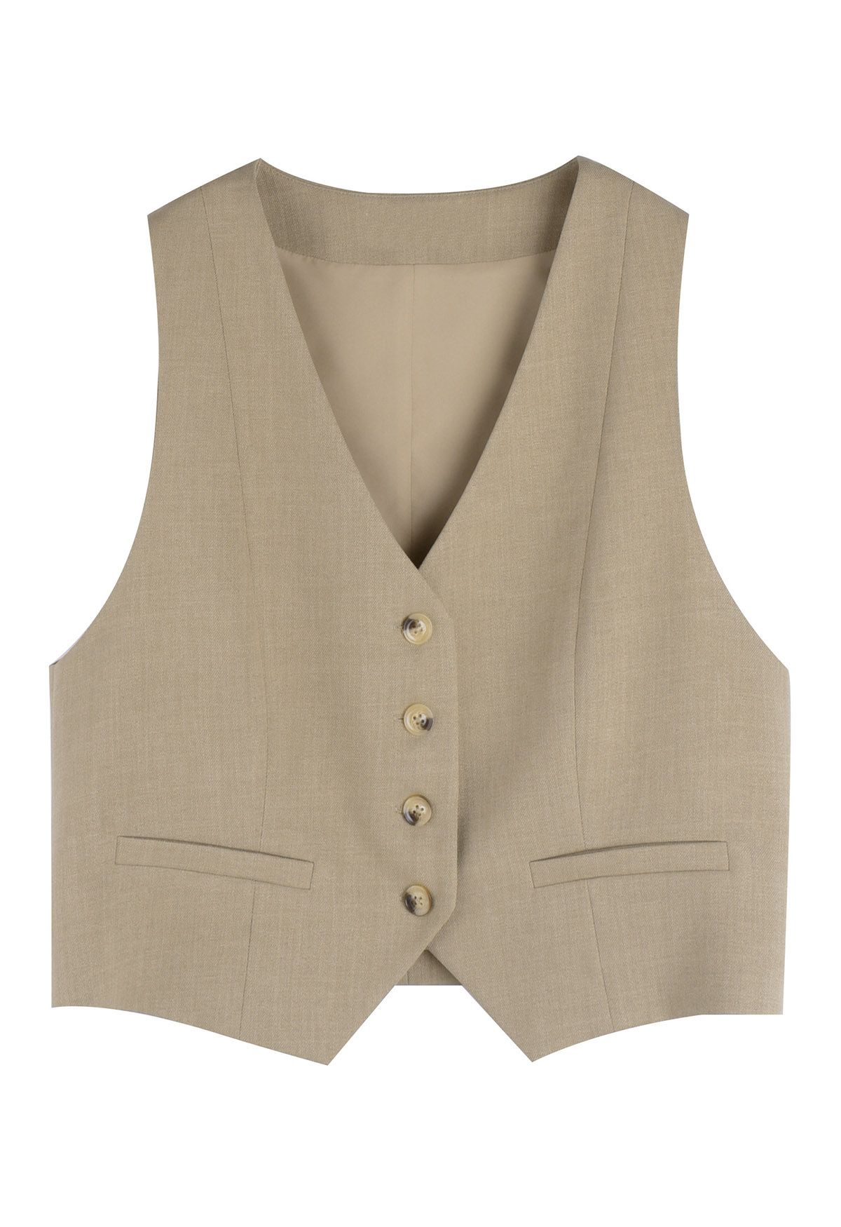 V-Neck Welt Pocket Buttoned Vest Blazer in Khaki