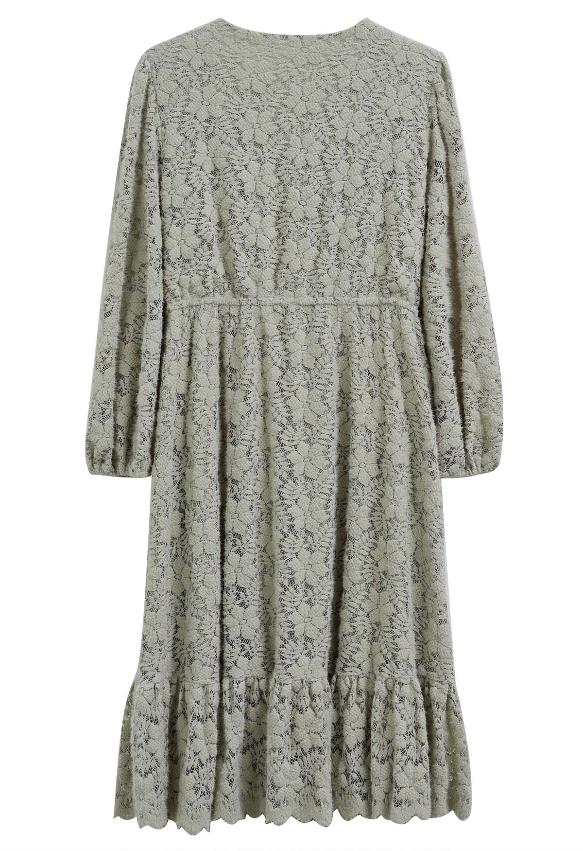 Button Down Full Floral Lace Frilling Dress in Pea Green