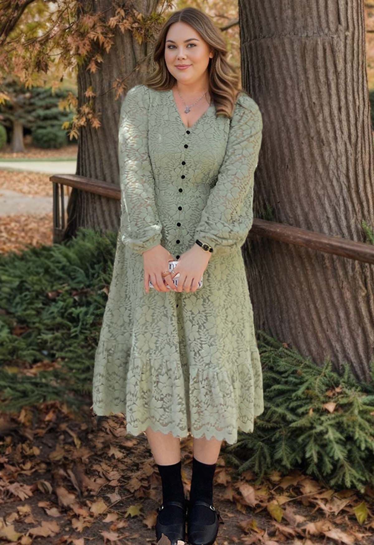 Button Down Full Floral Lace Frilling Dress in Pea Green