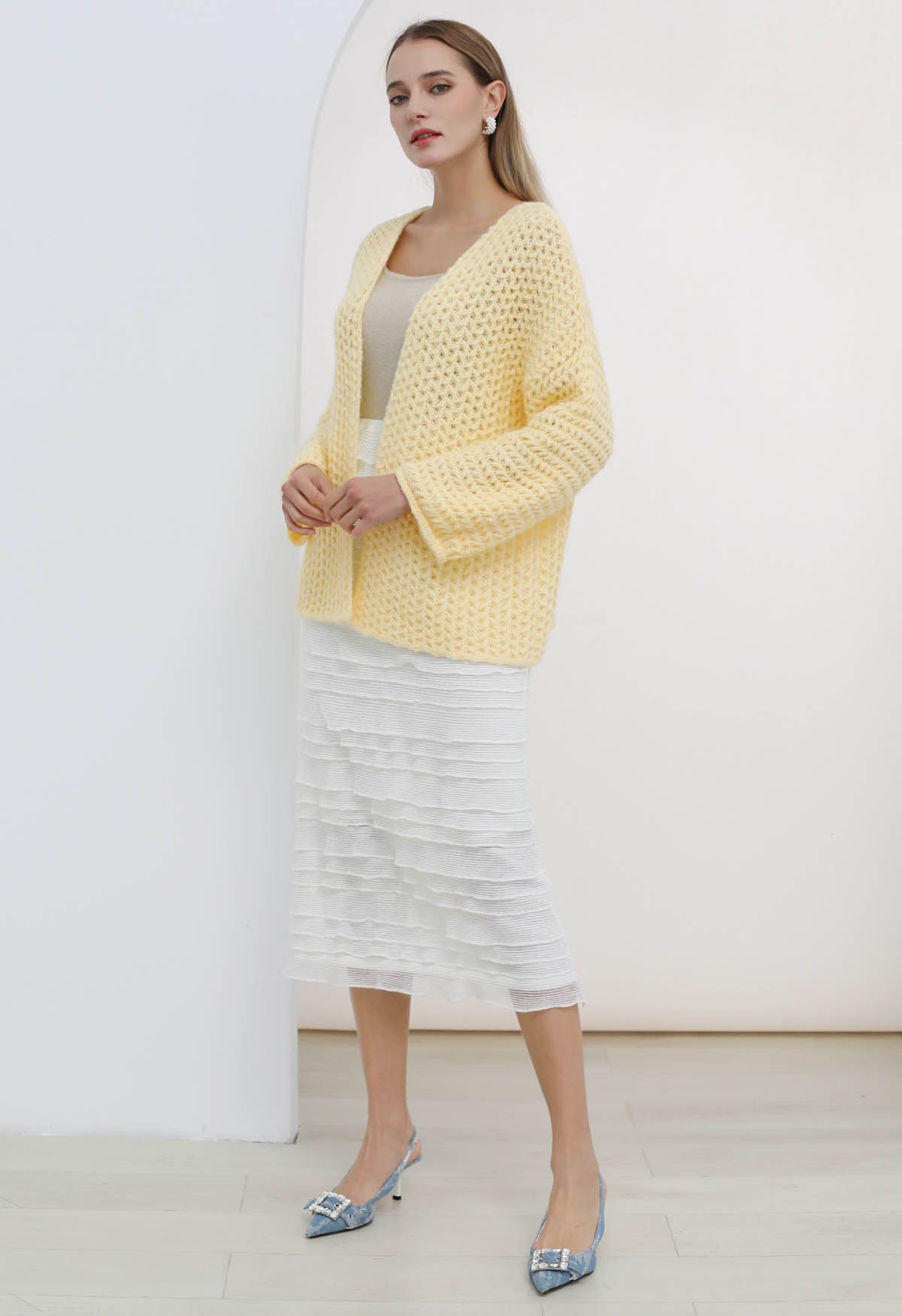 Open Front Hollow Out Knit Cardigan in Light Yellow