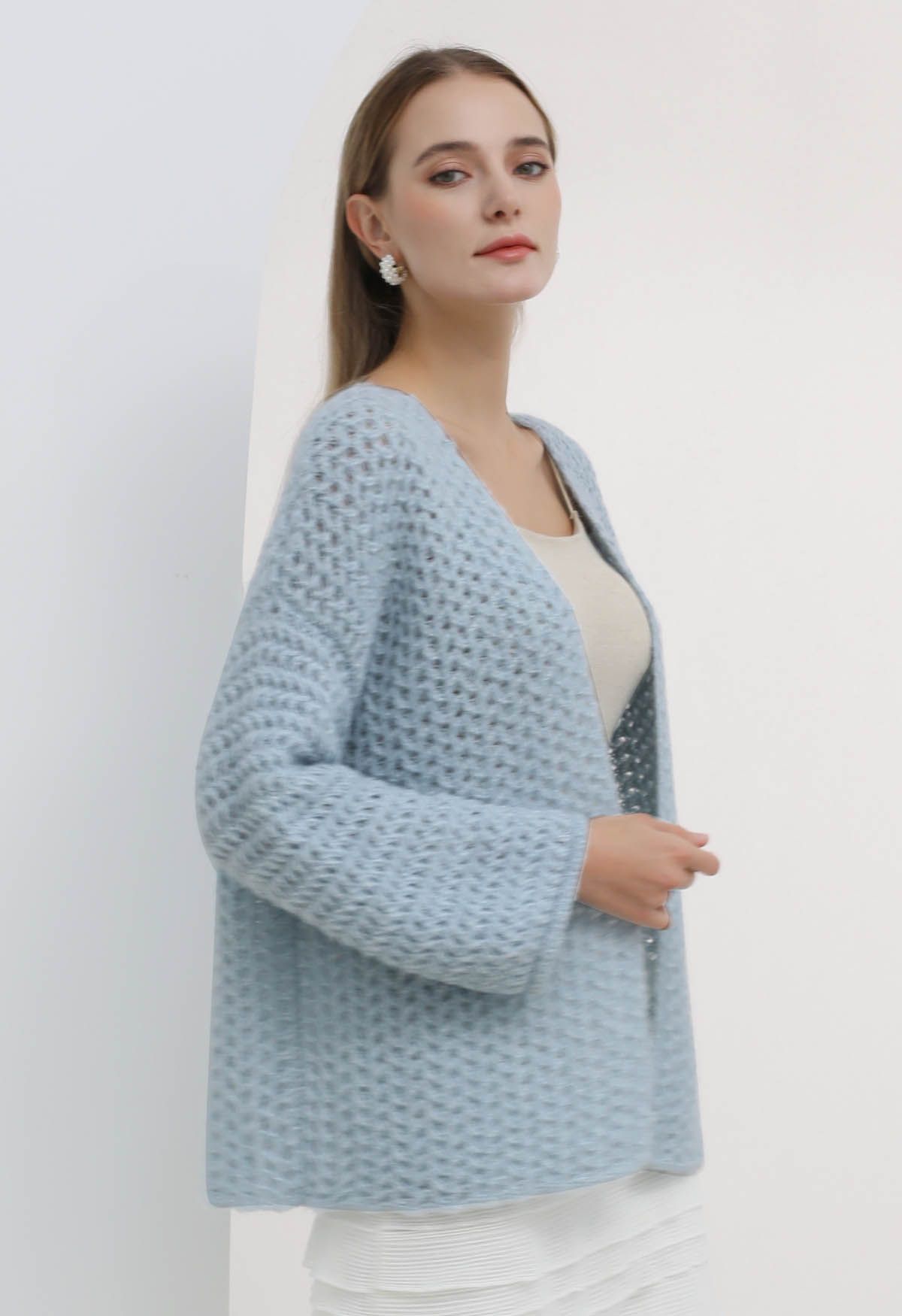 Open Front Hollow Out Knit Cardigan in Blue