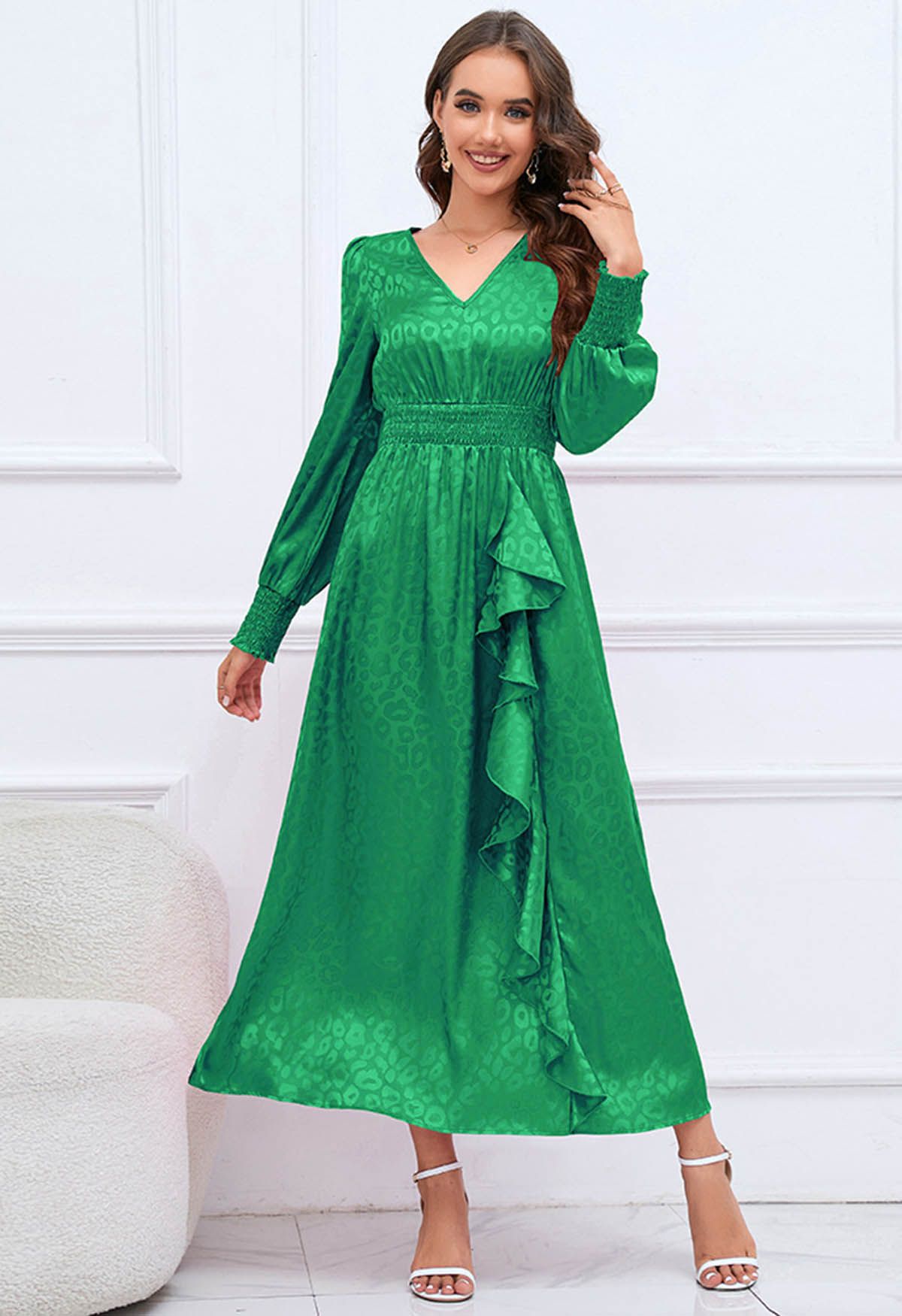 Glossy Leopard Jacquard Ruffle Maxi Dress in Green