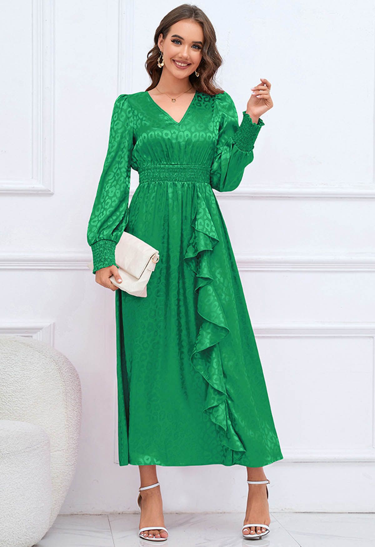 Glossy Leopard Jacquard Ruffle Maxi Dress in Green