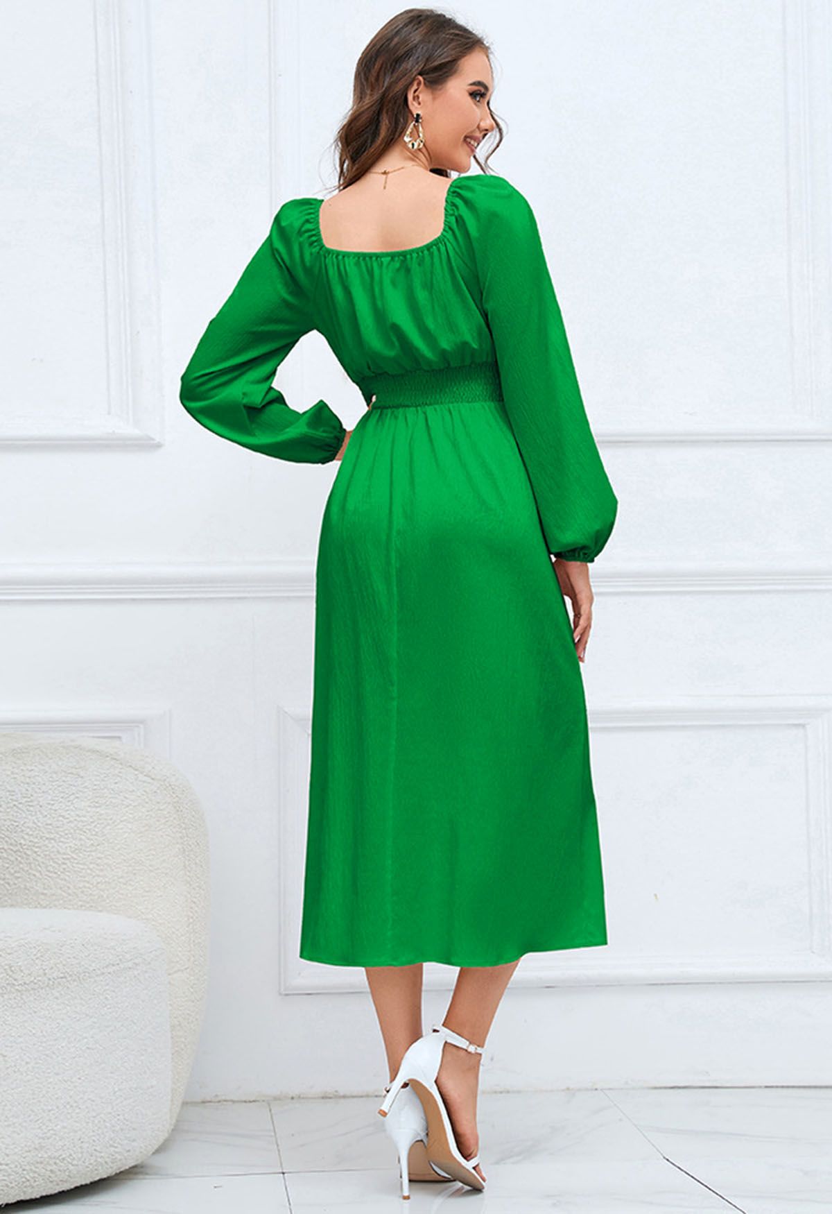 Sweetheart Neck Tie Front Midi Dress in Green