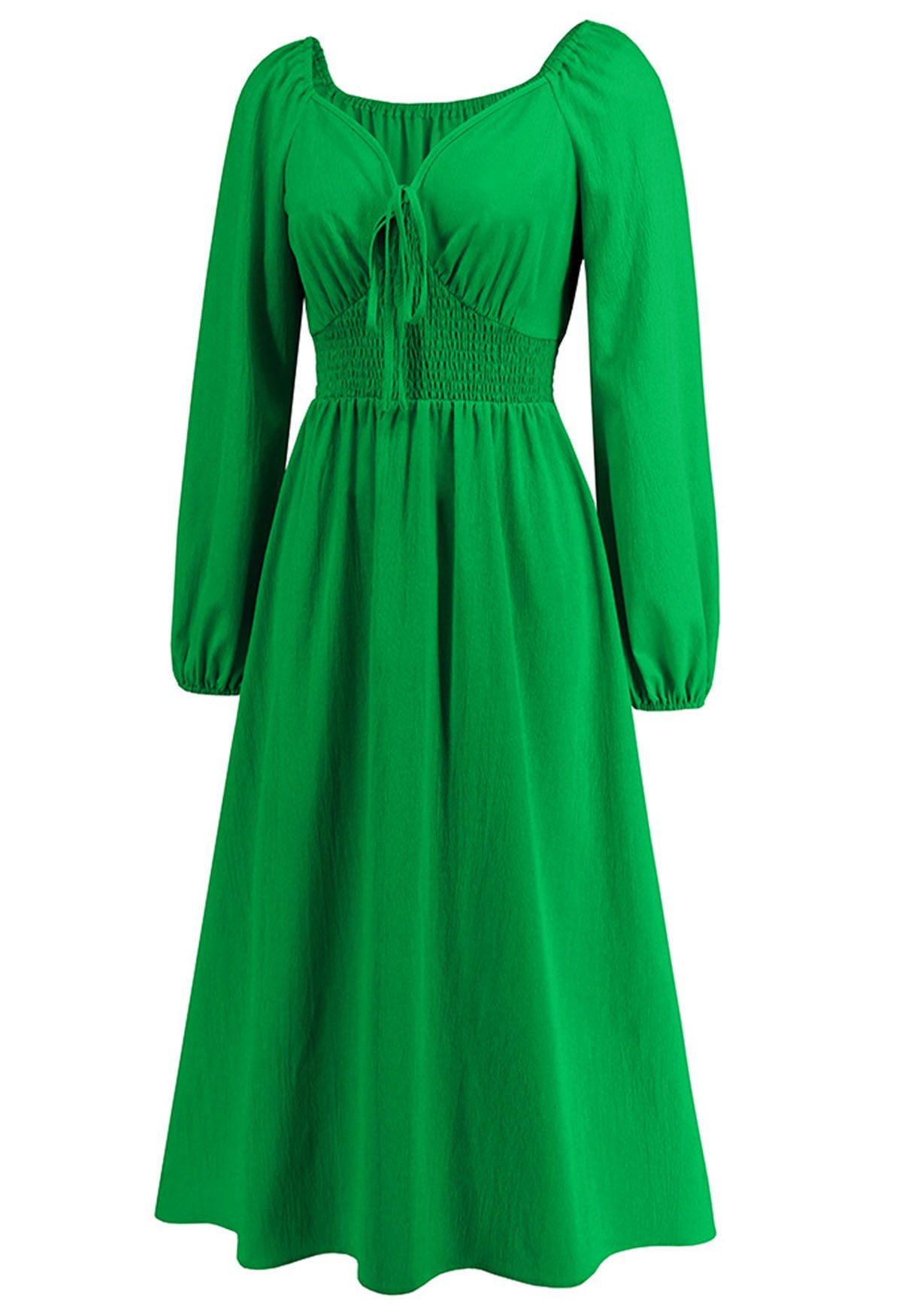 Sweetheart Neck Tie Front Midi Dress in Green