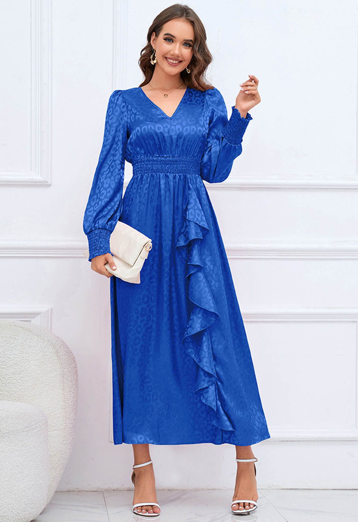 Glossy Leopard Jacquard Ruffle Maxi Dress in Indigo