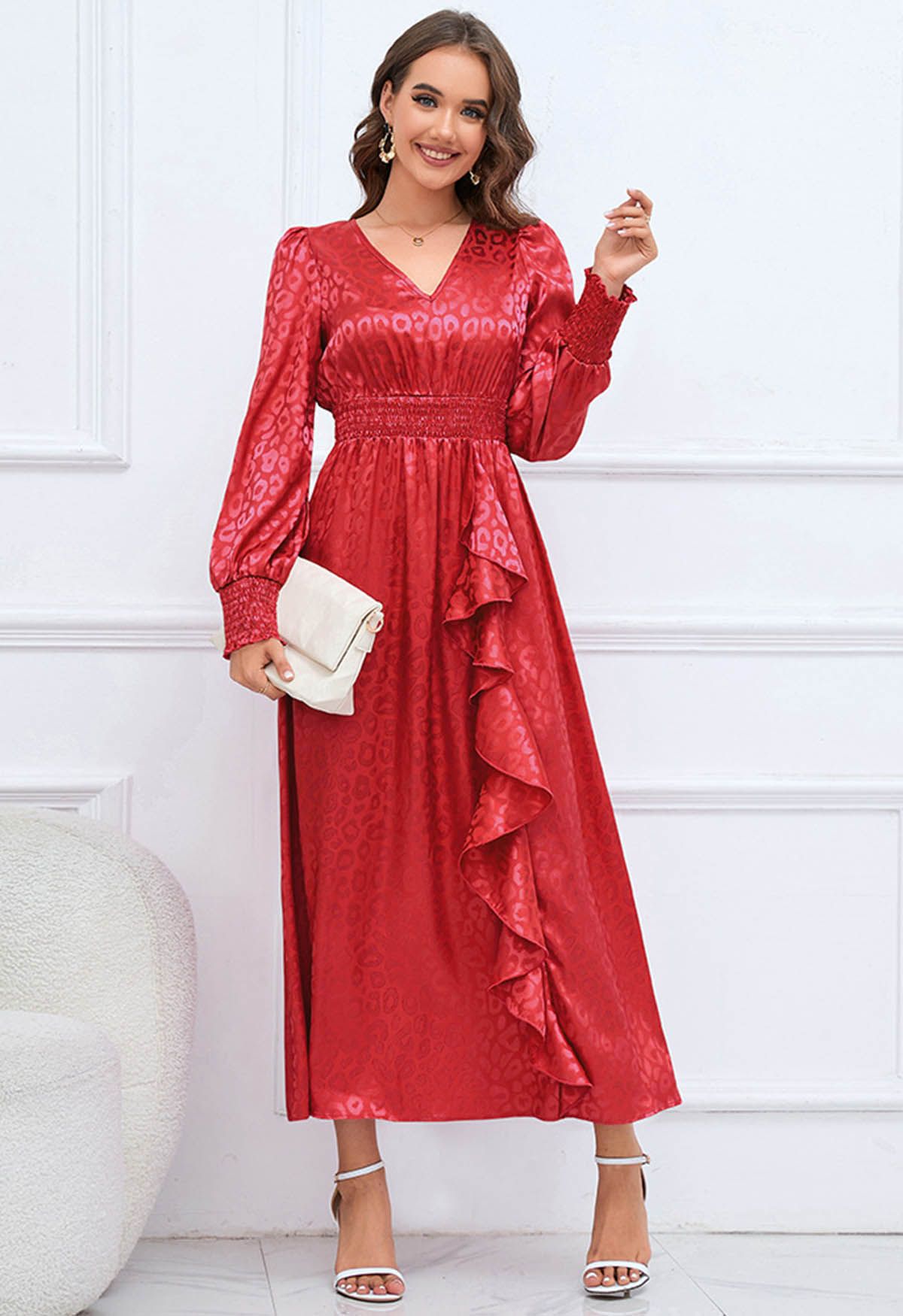 Glossy Leopard Jacquard Ruffle Maxi Dress in Red