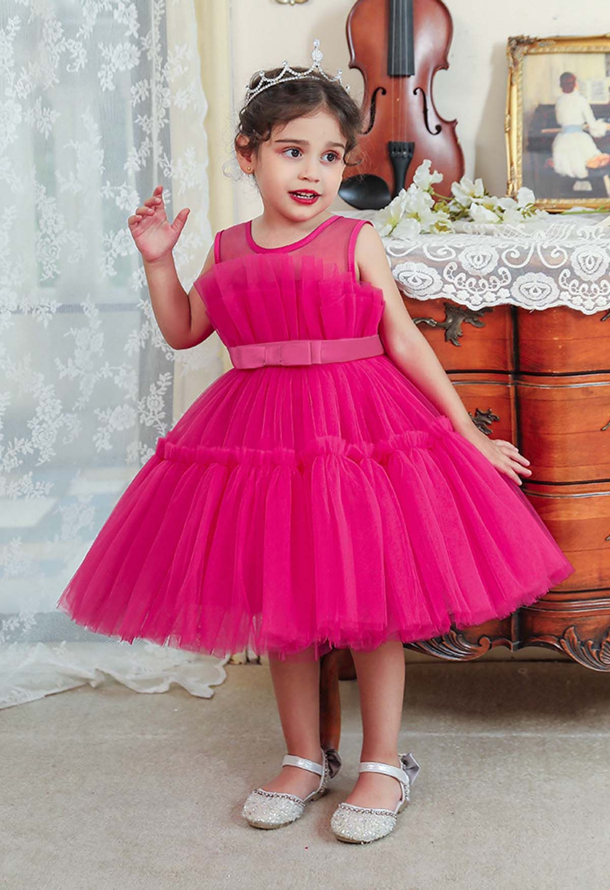 Bowknot Waist Tulle Dress in Magenta for Kids