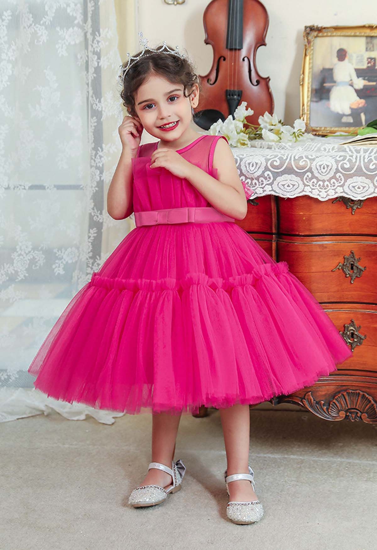 Bowknot Waist Tulle Dress in Magenta for Kids