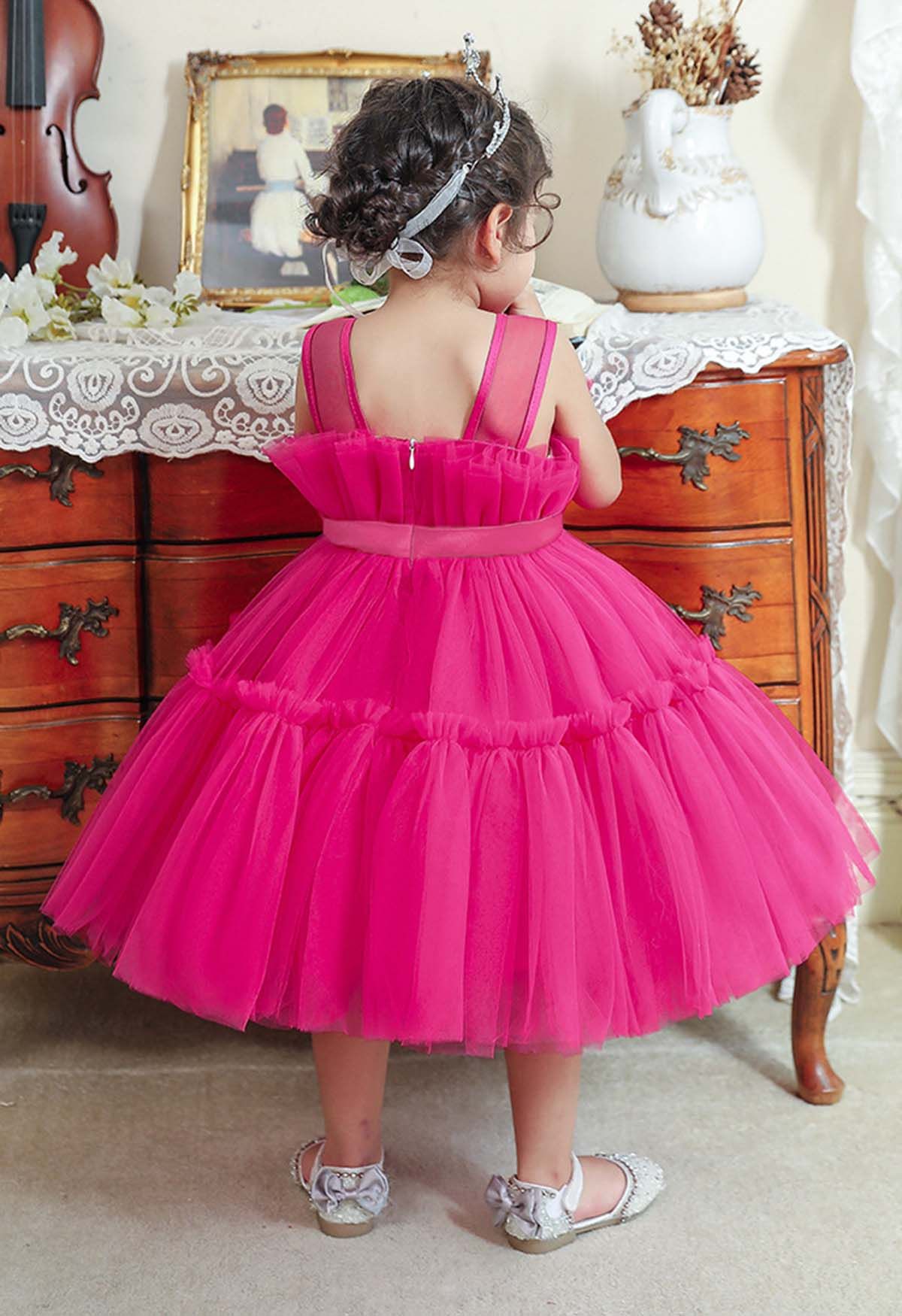 Bowknot Waist Tulle Dress in Magenta for Kids