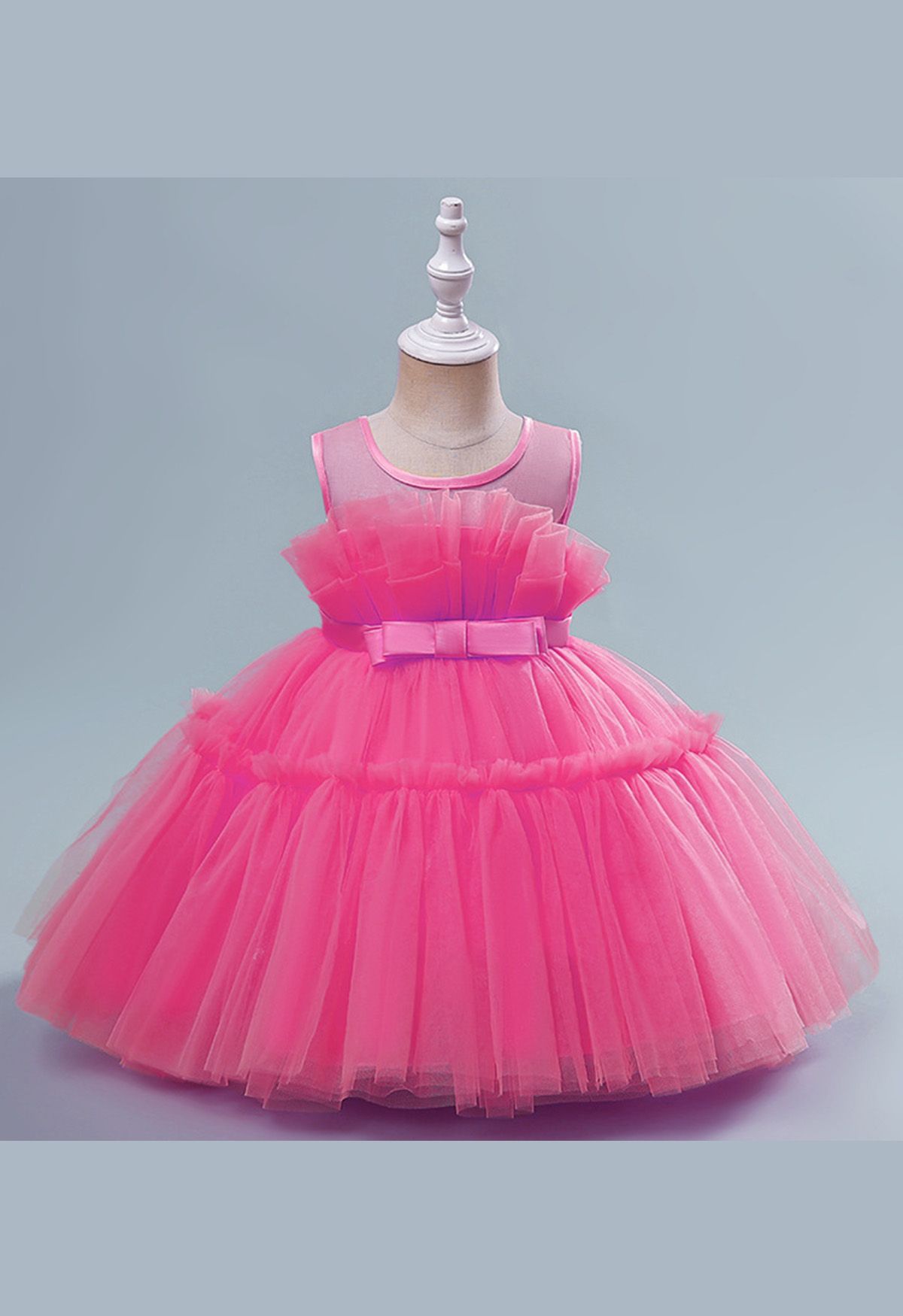 Bowknot Waist Tulle Dress in Magenta for Kids