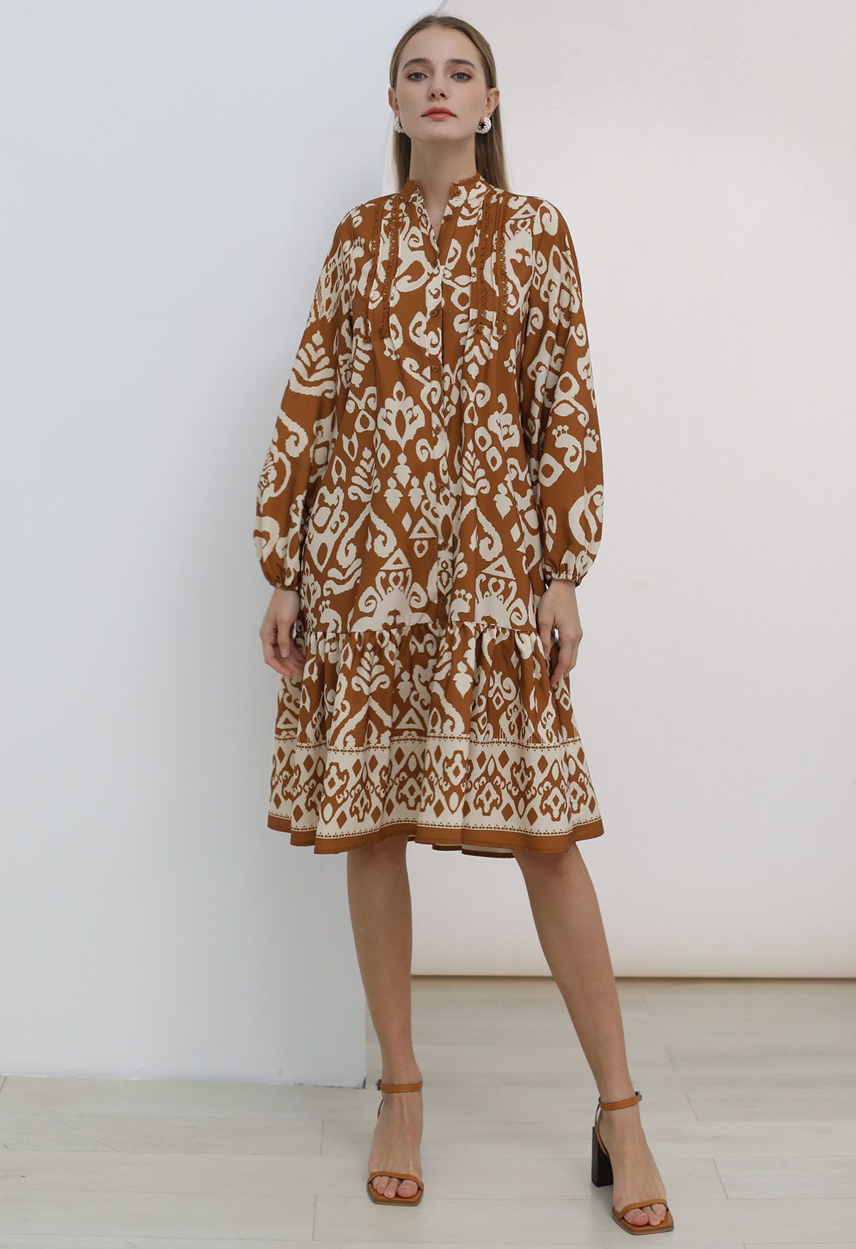 Bohemian Print Bubble Sleeves Frilling Dress