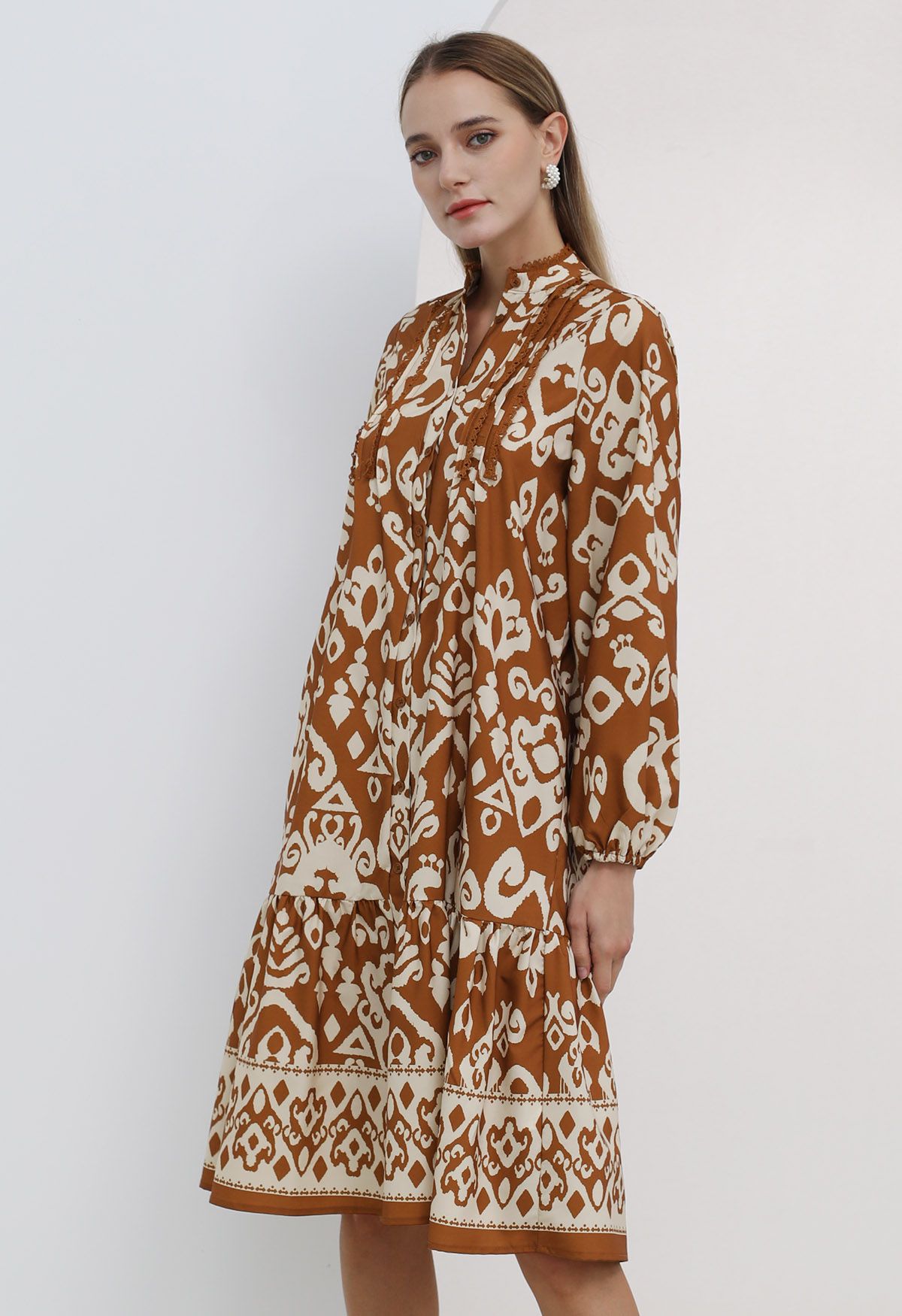 Bohemian Print Bubble Sleeves Frilling Dress