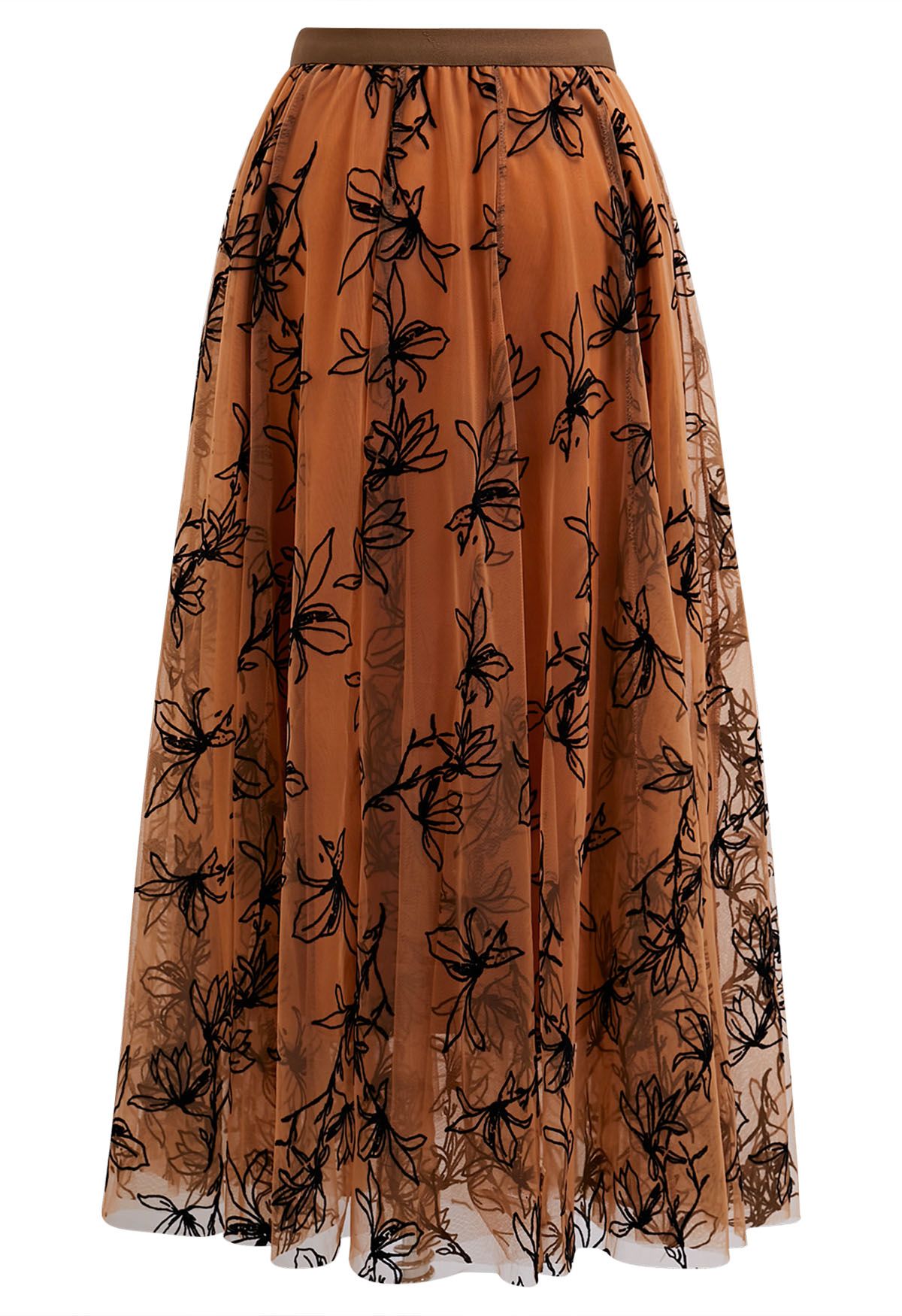 Velvet Magnolia Double-Layered Mesh Maxi Skirt in Orange