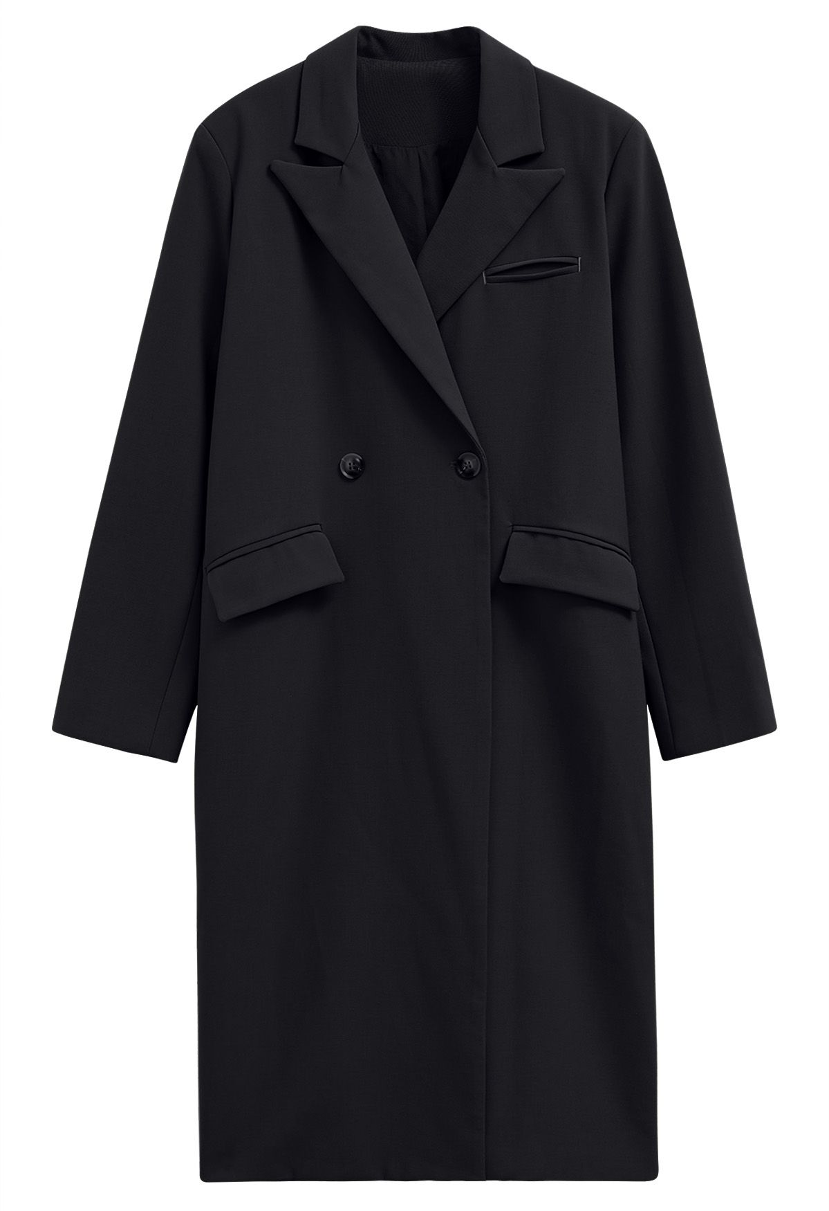 Trendy Double-Breasted Belted Longline Coat in Black