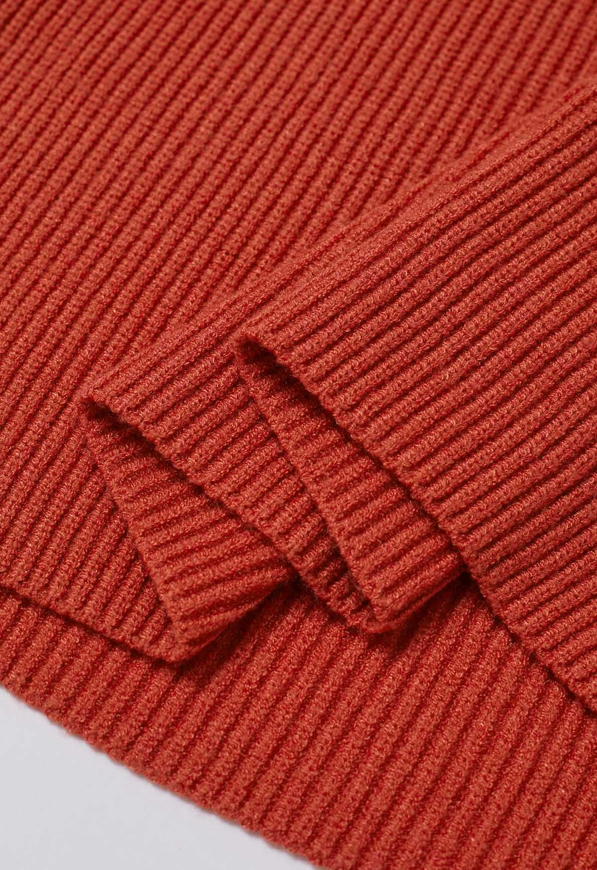 Patch Pocket Ribbed Knit Sweater in Rust Red