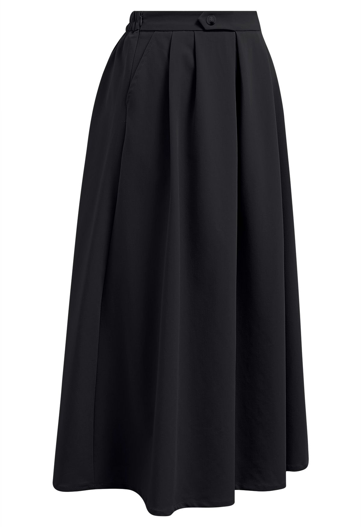 Button Decorated Pleated A-Line Skirt in Black