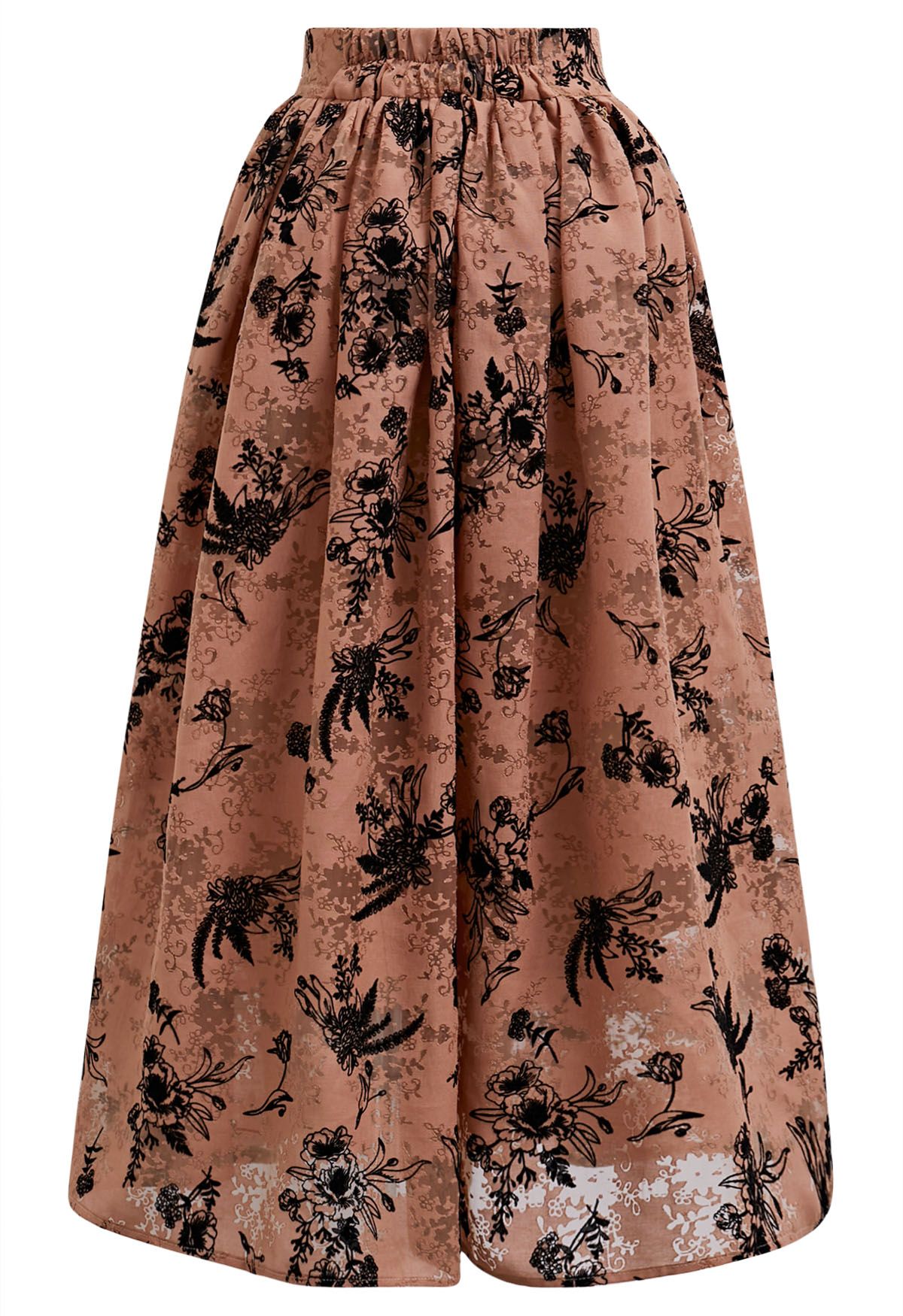 Velvet Flowers Rust Red Jacquard Midi Skirt