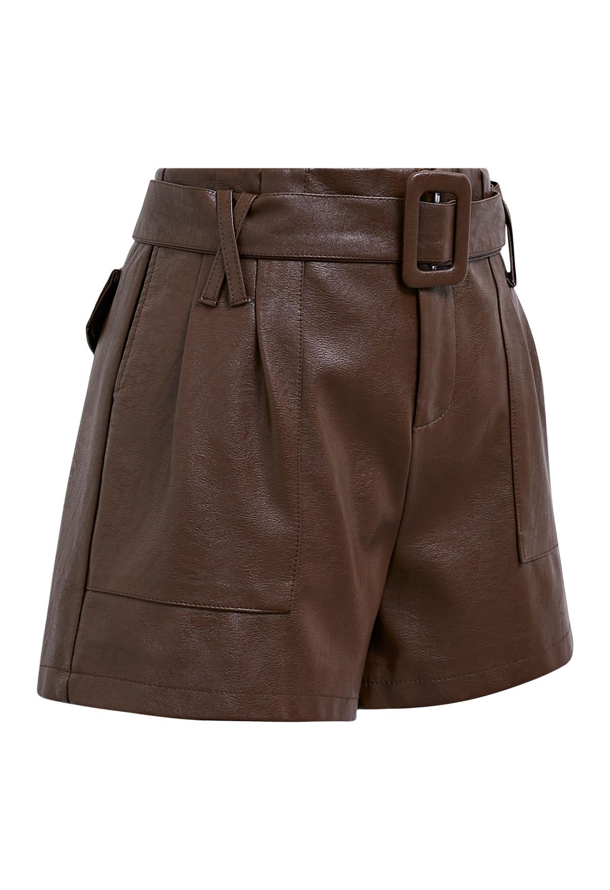 Urban Edge Faux Leather Belted Shorts in Brown