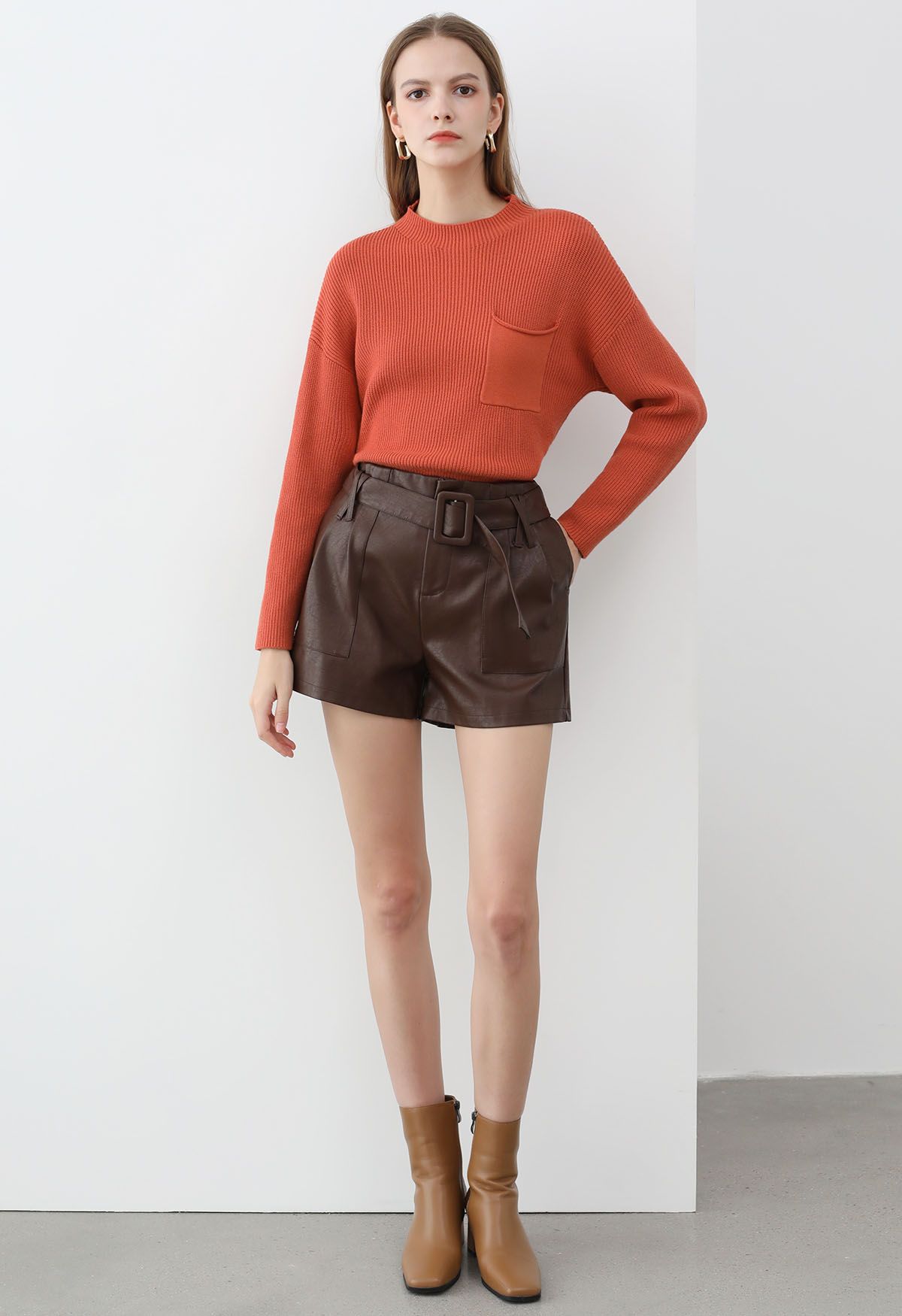 Patch Pocket Ribbed Knit Sweater in Rust Red