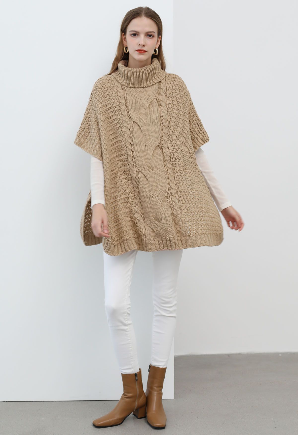 Turtleneck Cable Knit Poncho in Light Tan