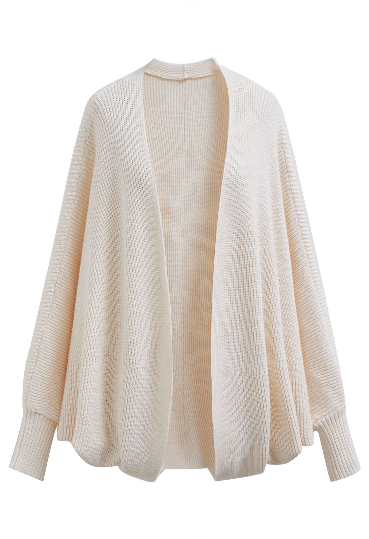 Batwing Sleeves Open Front Knit Cardigan in Ivory