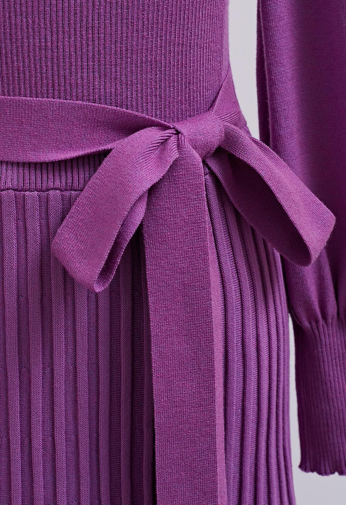Captivating V-Neck Tie Waist Pleated Knit Dress in Purple