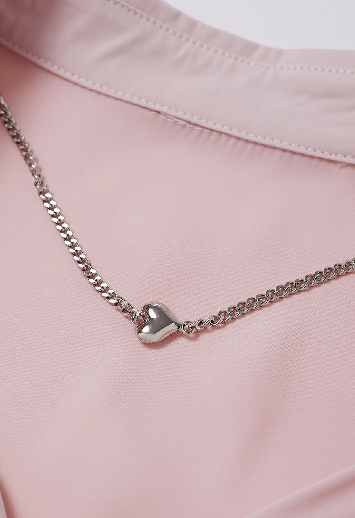 Heart Necklace V-Neck Satin Shirt in Dusty Pink