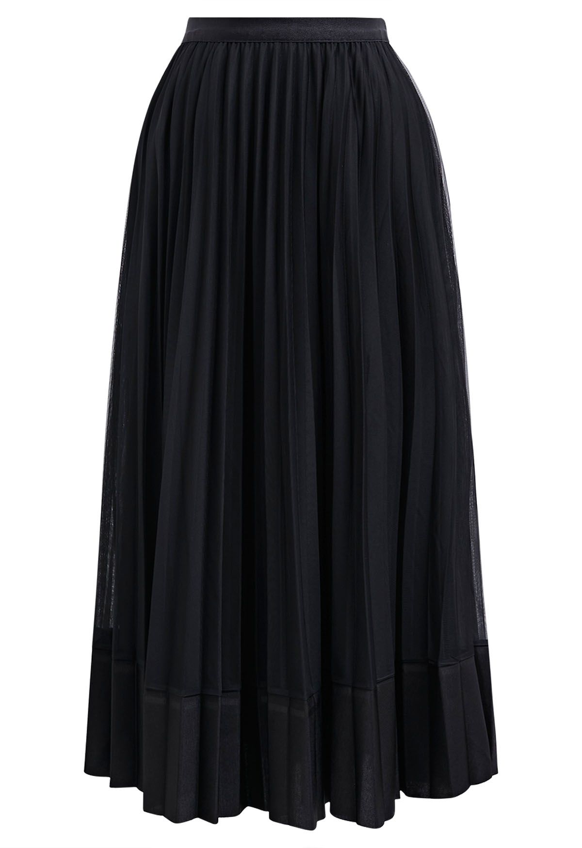 Panelled Hem Pleated Mesh Tulle Skirt in Black