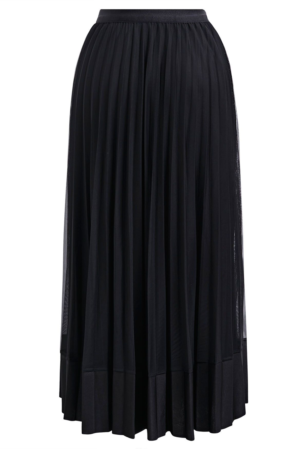 Panelled Hem Pleated Mesh Tulle Skirt in Black