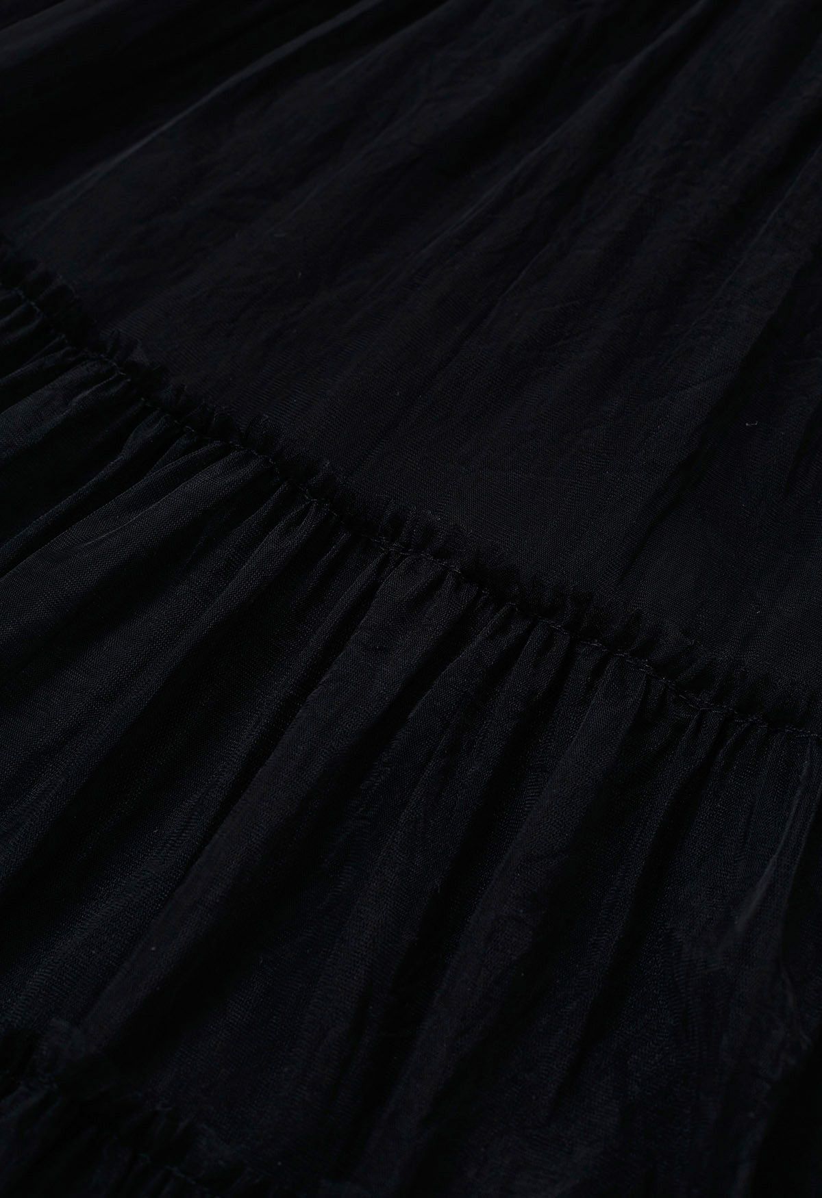 Ruffles Adorned Mesh Tulle Midi Skirt in Black