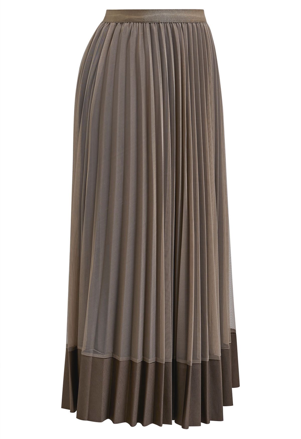 Panelled Hem Pleated Mesh Tulle Skirt in Brown