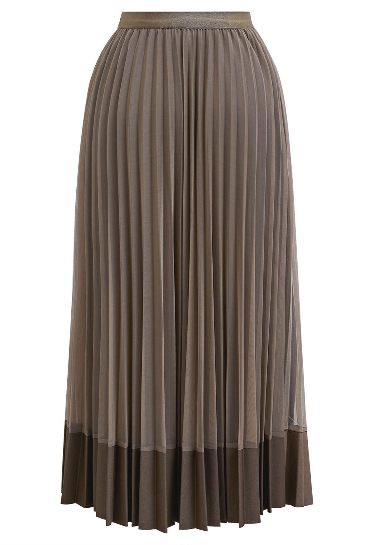 Panelled Hem Pleated Mesh Tulle Skirt in Brown