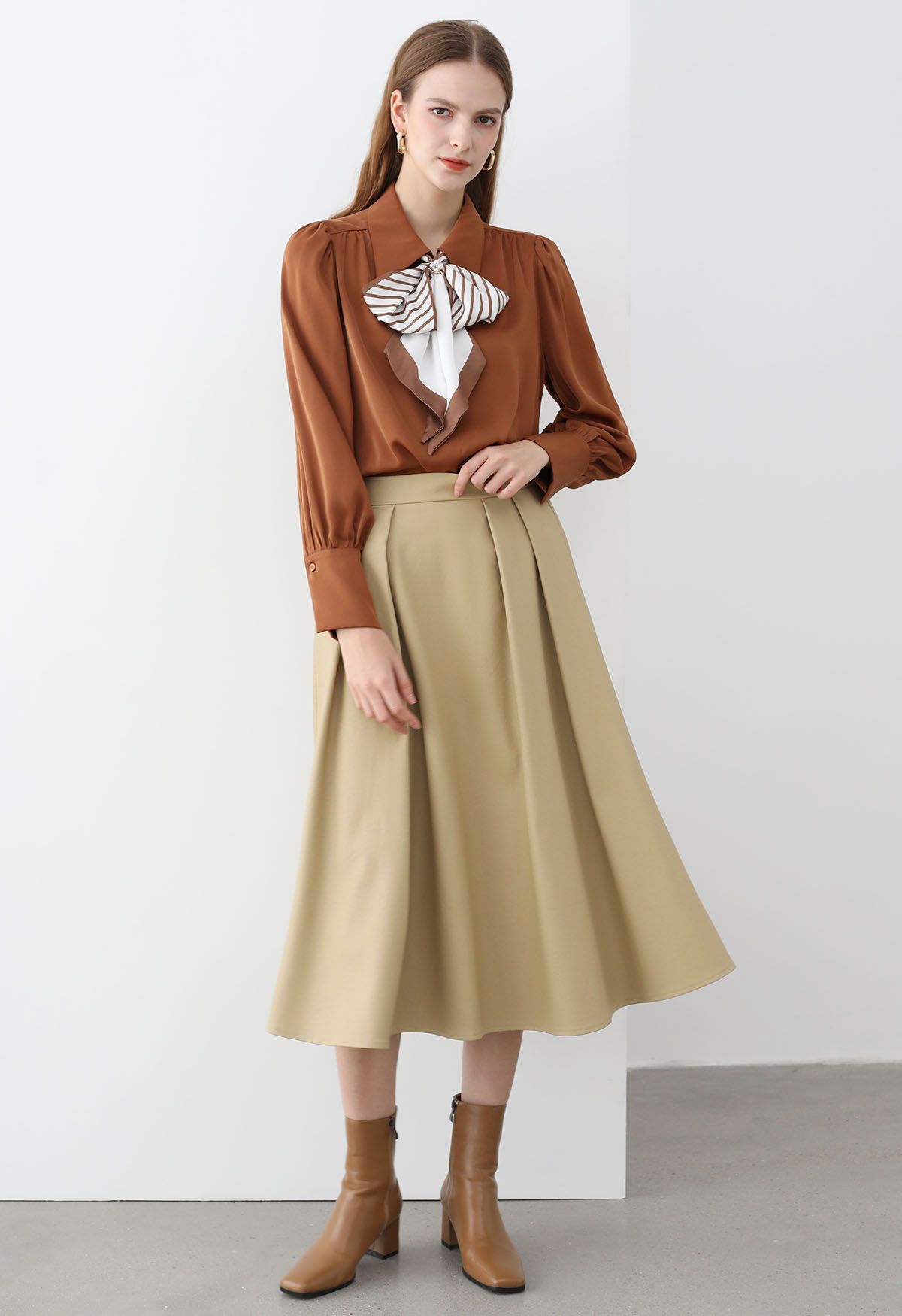 Faux Leather Pleated Flare Midi Skirt in Khaki