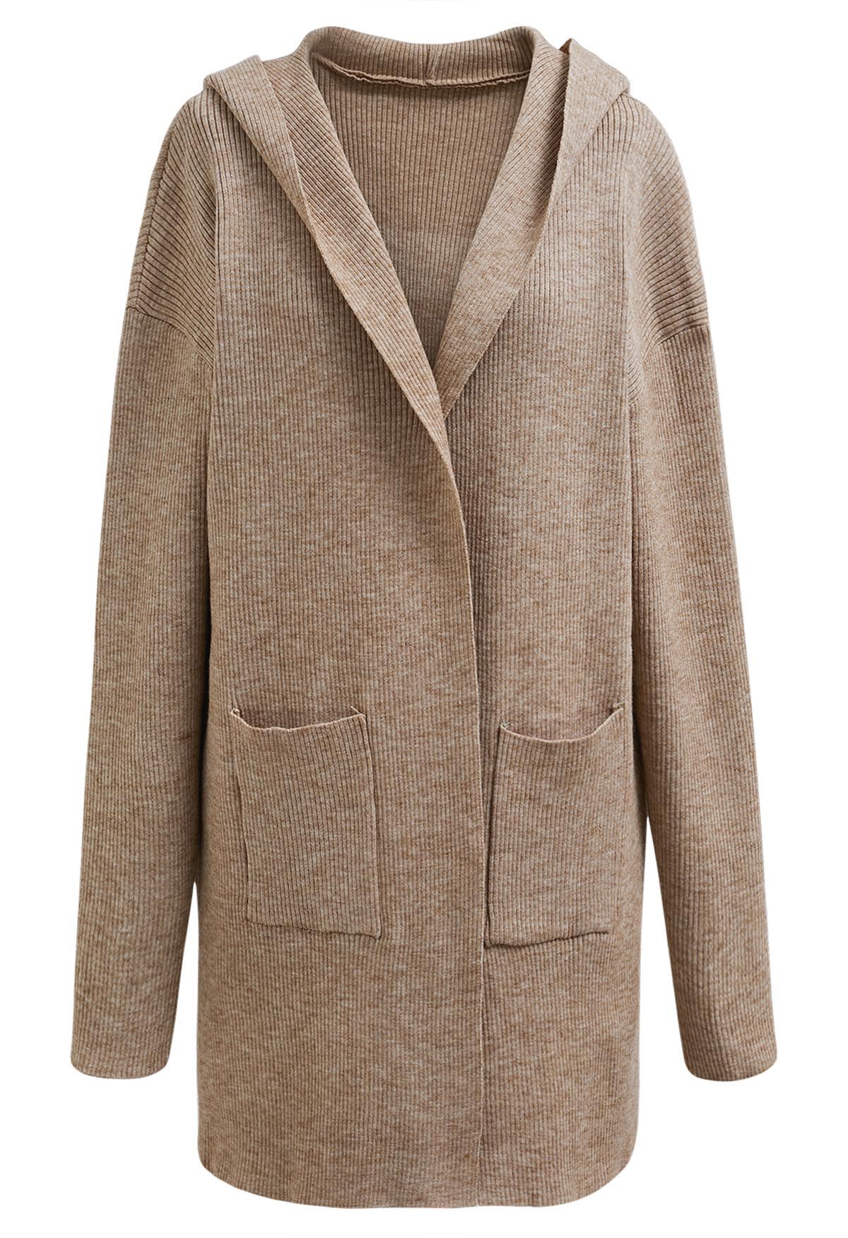 Patch Pockets Open Front Hooded Cardigan in Camel