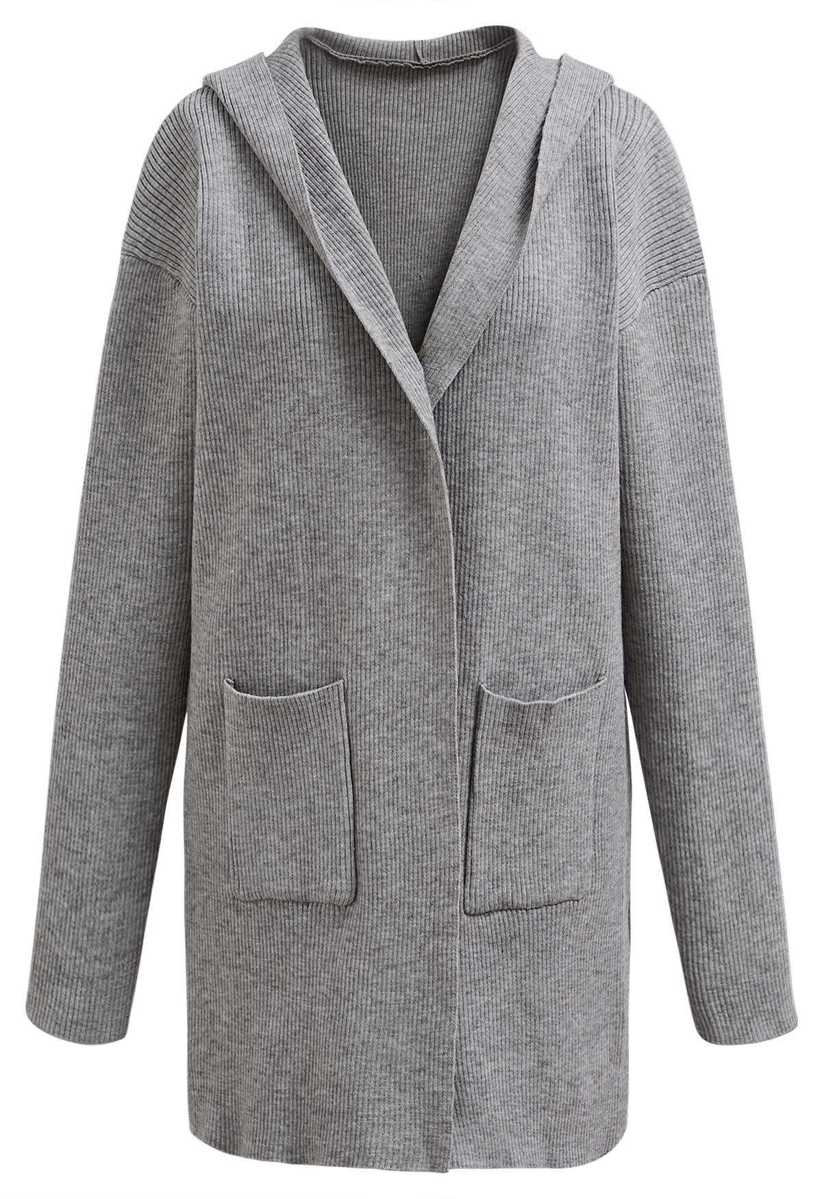 Patch Pockets Open Front Hooded Cardigan in Grey