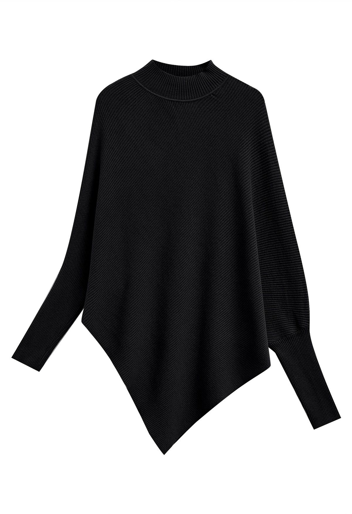 Asymmetric Batwing Sleeve Ribbed Knit Poncho in Black