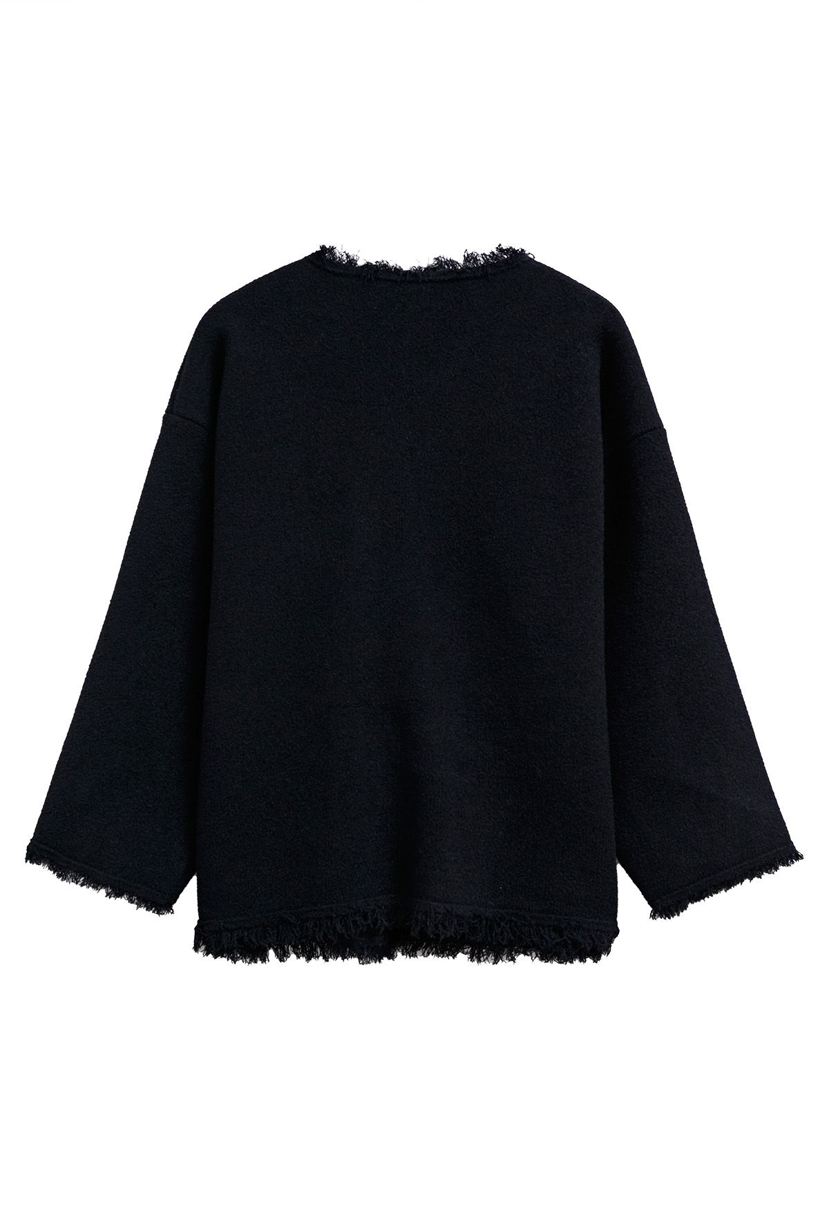 Collarless Fringed Edge Button Down Coat in Black