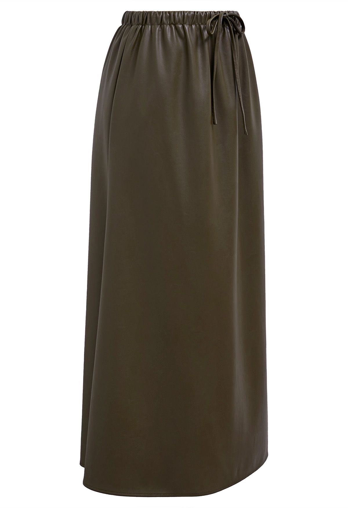 Drawstring Waist Faux Leather Maxi Skirt in Olive