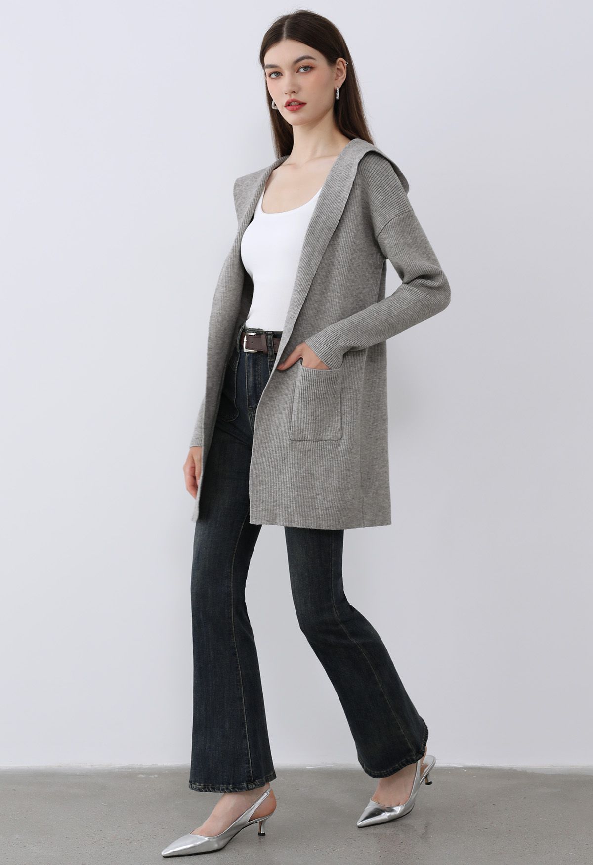 Patch Pockets Open Front Hooded Cardigan in Grey