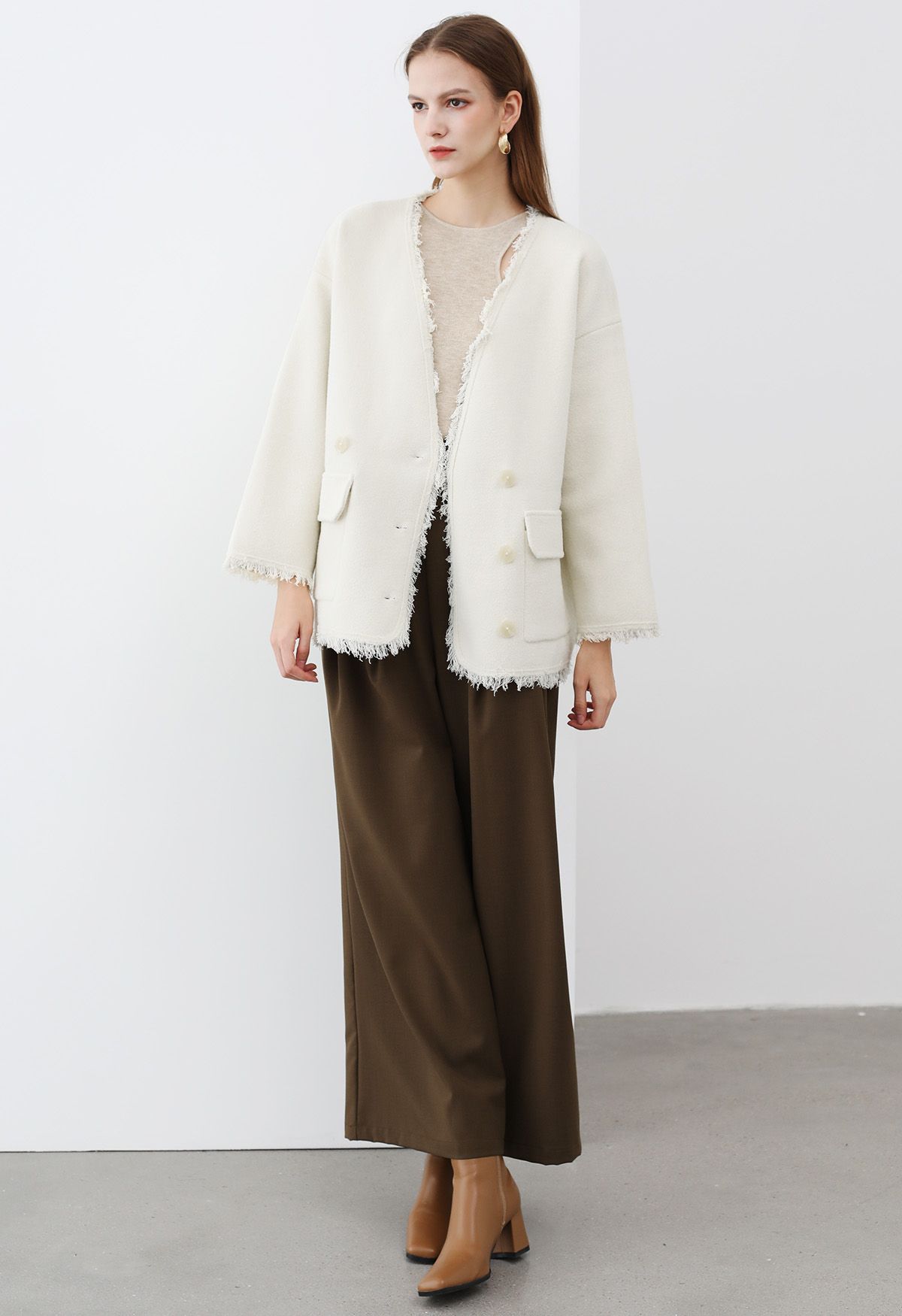 Collarless Fringed Edge Button Down Coat in Cream